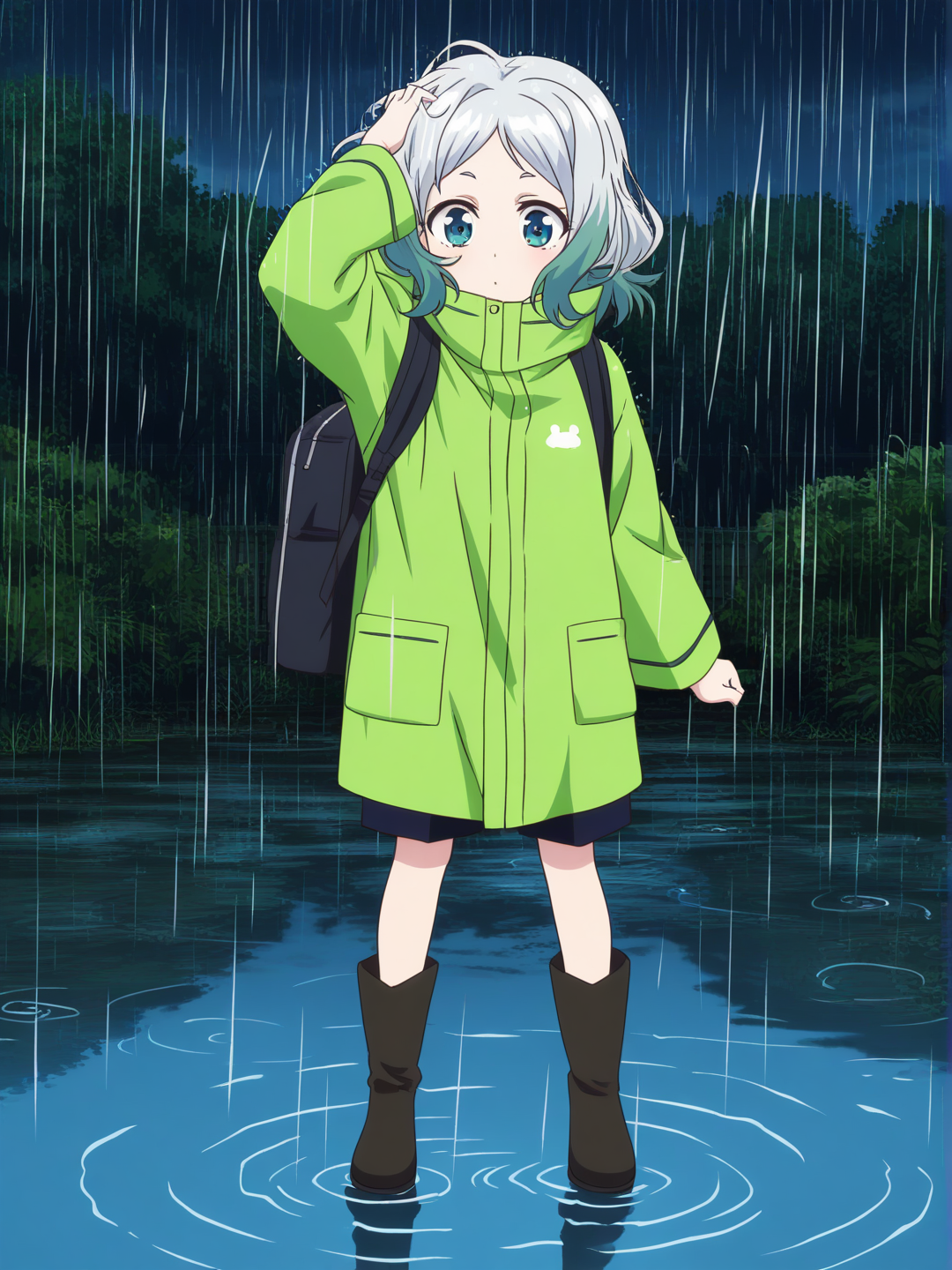 [pop-anime-style] 1girl, anime coloring, cel shading, celluloid, teenager, silver hair, green hair, frizzy hair, side-parted hair, blue eyes, green eyes, fair skin, rain jacket, boots, frog theme, water puddles, raining, pond