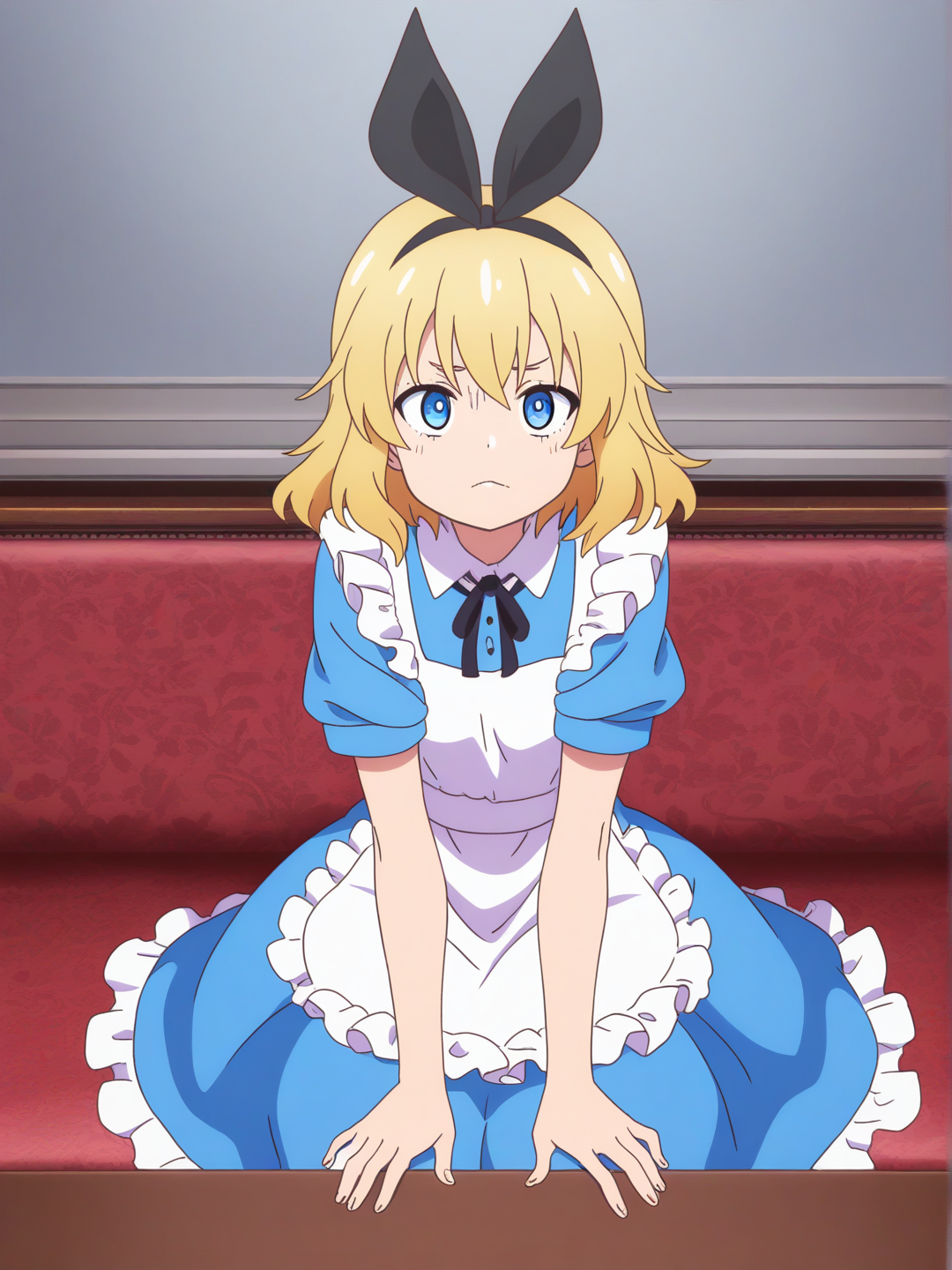 [pop-anime-style] 1girl, cel shading, anime coloring, teenager, frizzy hair, short hair, blonde hair, blue hair, blue eyes, fair skin, Alice in Wonderland outfit