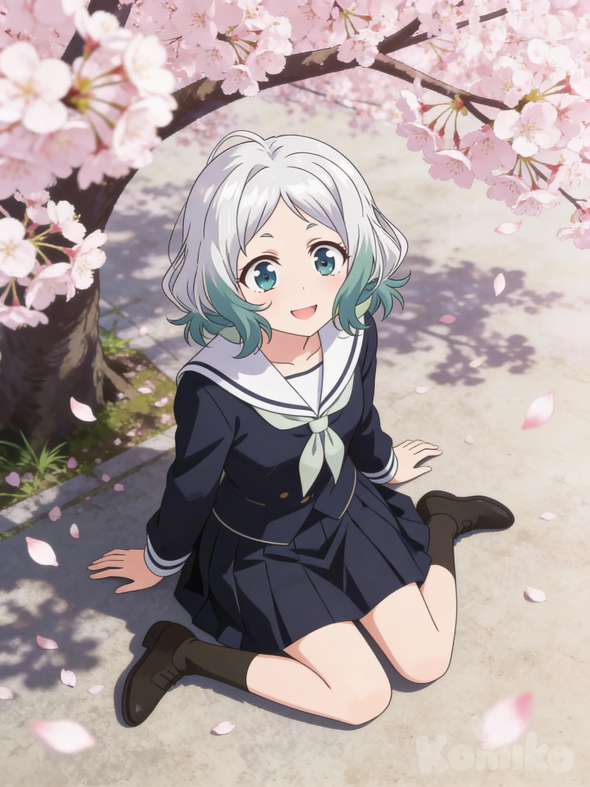 @elara-voss-J98L, sitting on the ground, under a tree, cherry blossoms, smile, school uniform, from above