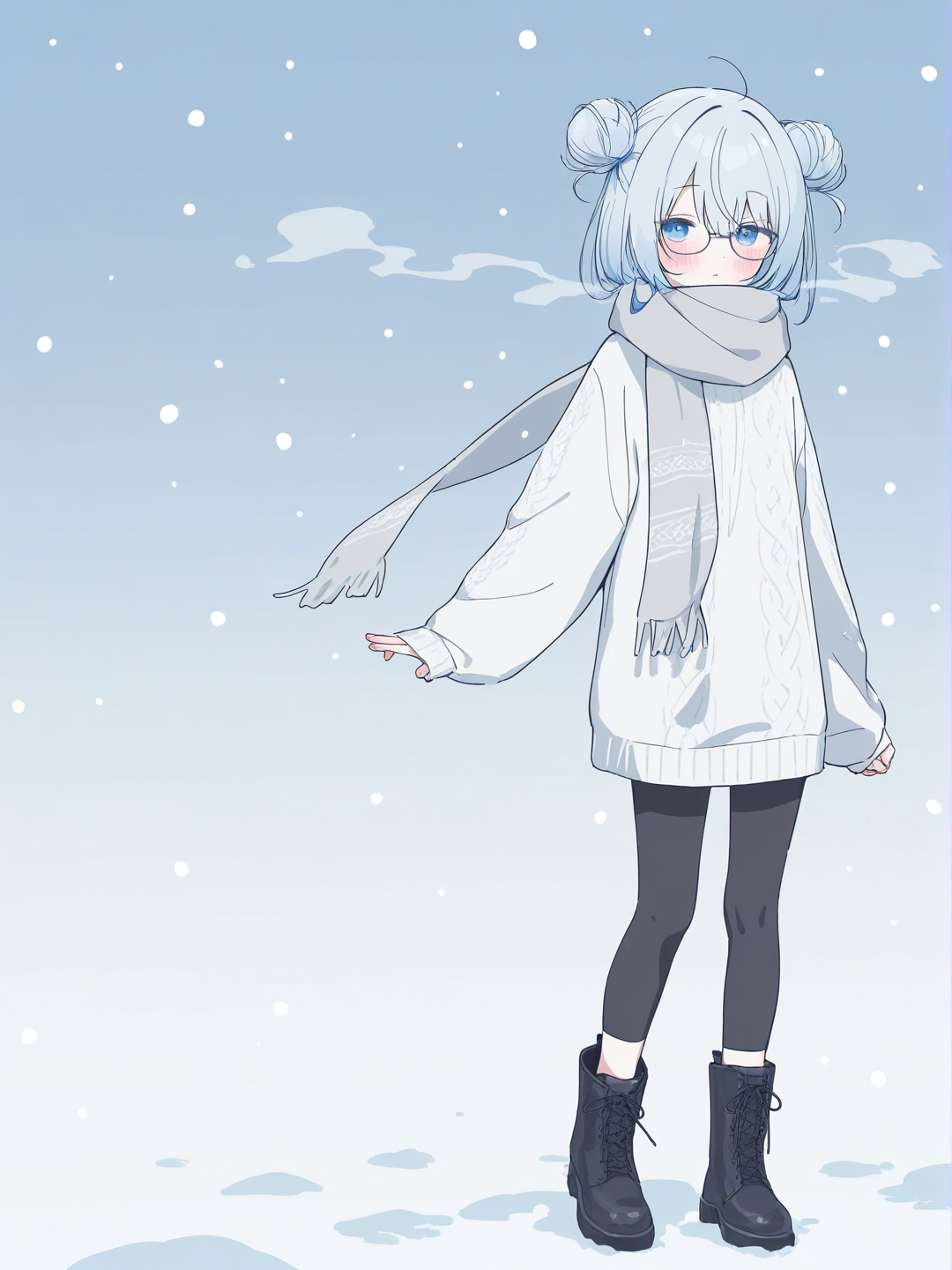 [soft-pastel-style] 1girl, cel shading, anime coloring, teenager, silver hair, blue hair, frizzy hair, bun, blue eyes, fair skin, sweater dress, leggings, boots, scarf, glasses, winter, snow