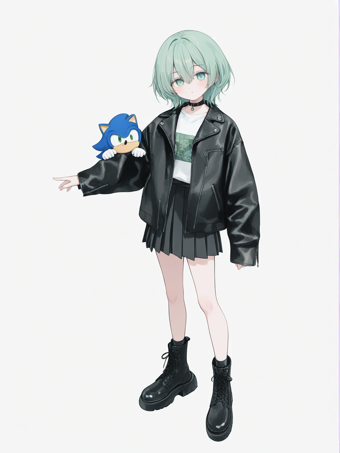 [soft-pastel-style] 1girl, sonic_the_hedgehog, original_character, anthropomorphic, lavender_fur, fair_skin, blue_eyes, green_eyes, leather_jacket, pleated_skirt, choker, boots, single character, full body, looking at viewer, anime style, simple background, white background