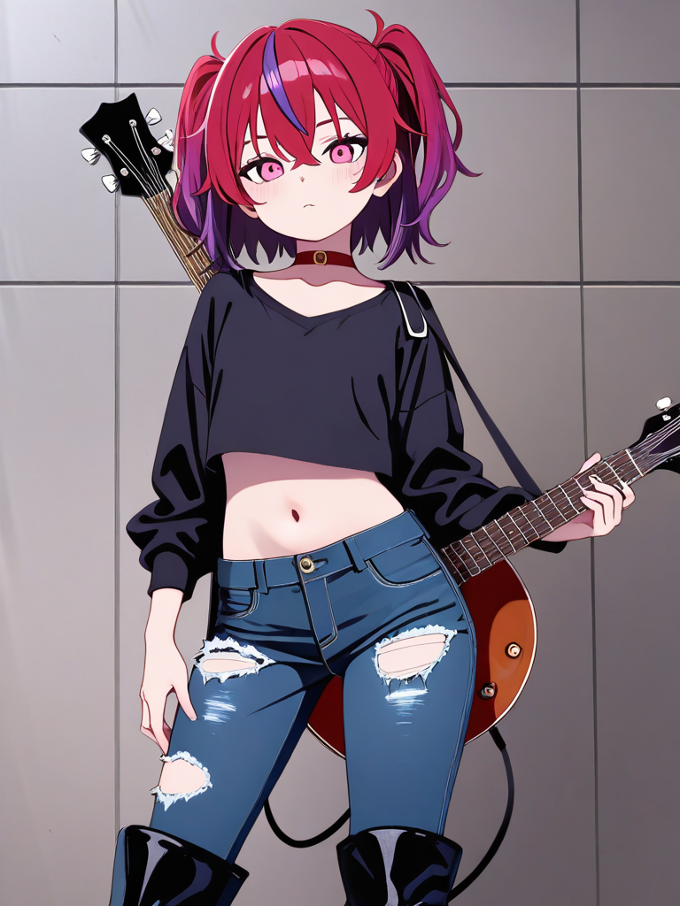 1girl, cel shading, anime coloring, teenager, frizzy hair, red hair, purple hair, pink eyes, fair skin, crop top, ripped jeans, boots, guitar on back, red choker
