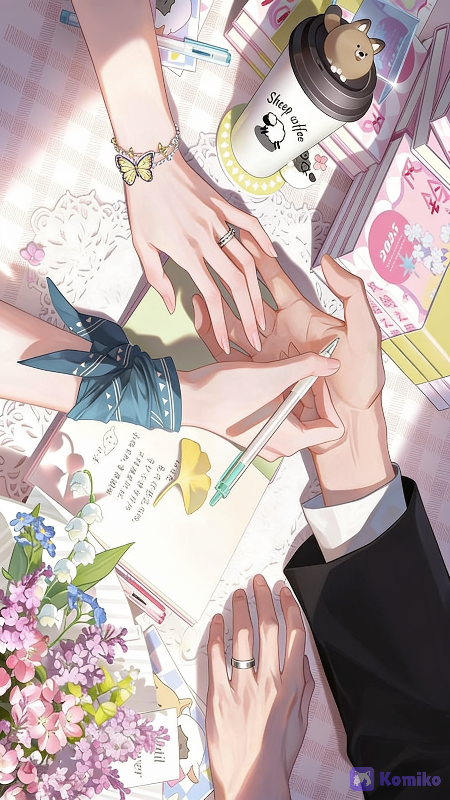 1. Character Design & Hand Aesthetics
​Slender Proportions: Features long, elegant fingers with clean hand anatomy, defined knuckles, and delicate shading typical of modern romance webnovels.
​Accessories as Personality: Character traits are conveyed through subtle details—a delicate butterfly charm bracelet and ring on one character, a simple silver band and sharp suit sleeve on the other, suggesting a blend of youthful playfulness and refined professionalism.
​2. Color Palette & Soft Lighting
​High-Key, Pastel Tones: Utilizes bright, soft colors—pinks, creams, muted lavenders, and pastel greens—creating an airy, gentle mood.
​Warm Sunbeams: Diffused sunlight creates soft diagonal shadows across the table, adding depth and a peaceful daytime atmosphere.
​3. Storytelling Through Objects
​Cozy Motifs: Cute stationary, a "Sheep Coffee" cup with a bear topper, fresh flowers (lilacs and lily of the valley), and a ginkgo leaf note enhance the wholesome, romantic narrative, 9517
