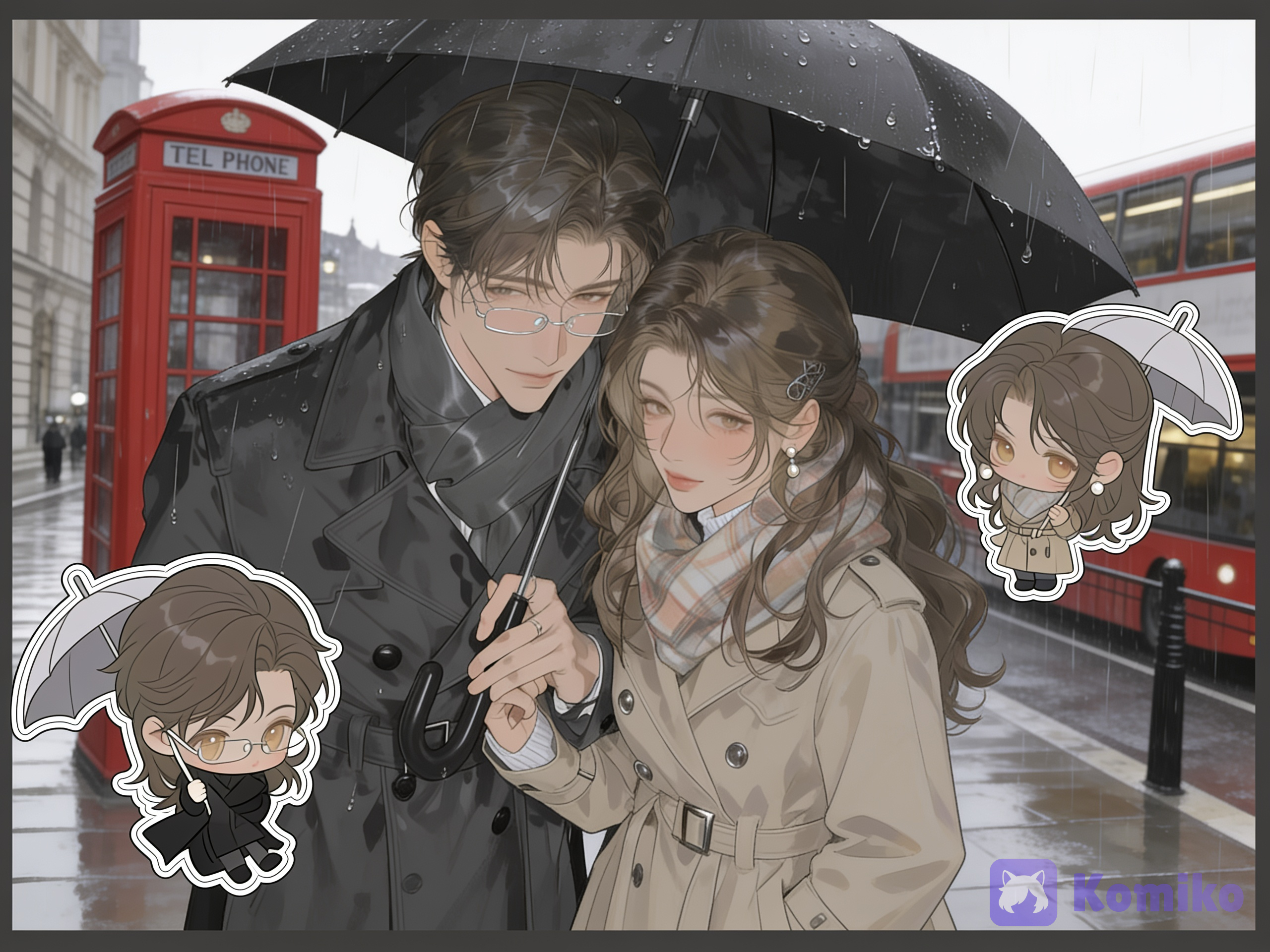 1. Character Aesthetics & Outfits
​The Man: Designed with classic "smart romance lead" tropes—sharp jawline, delicate wire-rimmed glasses, messy wavy brown hair, a dark overcoat, scarf, and a calm, protective gaze.
​The Woman: Features a soft, elegant aesthetic with long, voluminous wavy brown hair, a warm plaid scarf, a beige trench coat, and pearl drop earrings. Her expression is gentle and cozy.
​Chibi Stickers: Super-deformed (SD) cute sticker cutouts of both characters are added to the foreground/background, adding a charming, playful contrast to the serious and realistic main art style.
​2. Color Palette & Atmosphere
​Muted Rainy Palette: The art utilizes low-saturation earth tones (grays, desaturated browns, taupes, and muted creams), creating a cinematic, rainy-day mood.
​Background Details: Iconic city elements like the red telephone booth and double-decker bus suggest a romantic European/London street setting, while rain droplets across the umbrella enhance the cozy weather vibe.
​3. Linework & Rendering
​Shading: Soft, blended painting techniques are used for facial shading and skin blush, combined with crisp line art for the hair strands, glasses, and wet texture on clothes., 9519