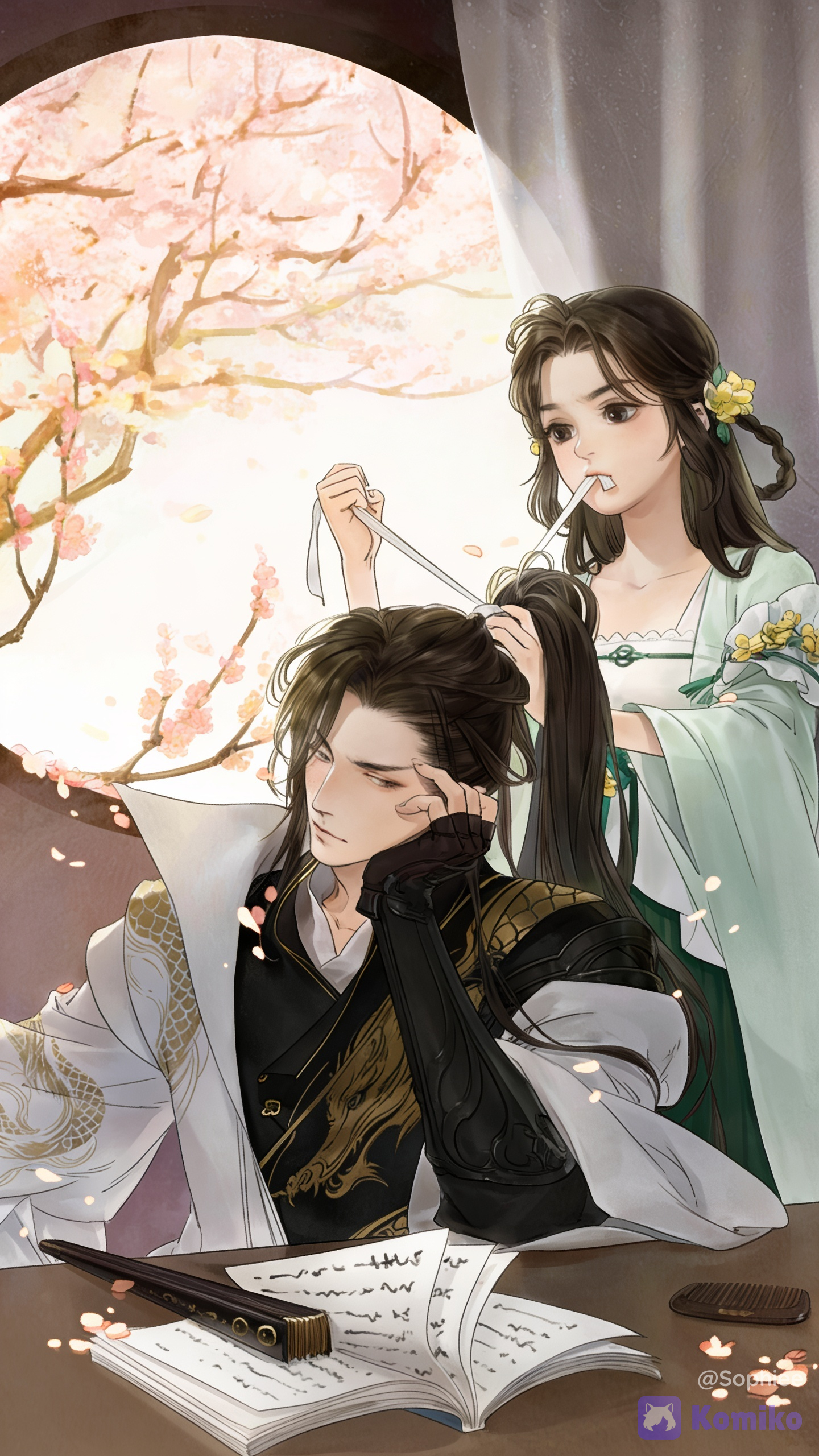The Woman: Standing behind the man, she is carefully styling and tying his long hair into a high ponytail using a ribbon, holding the end of the ribbon in her mouth as she works. She wears light green traditional robes decorated with delicate yellow floral accents.
​The Man: Seated at his desk, resting his head thoughtfully on his hand. He wears a striking outfit consisting of dark armor with gold dragon detailing underneath a flowing white robe., 9735