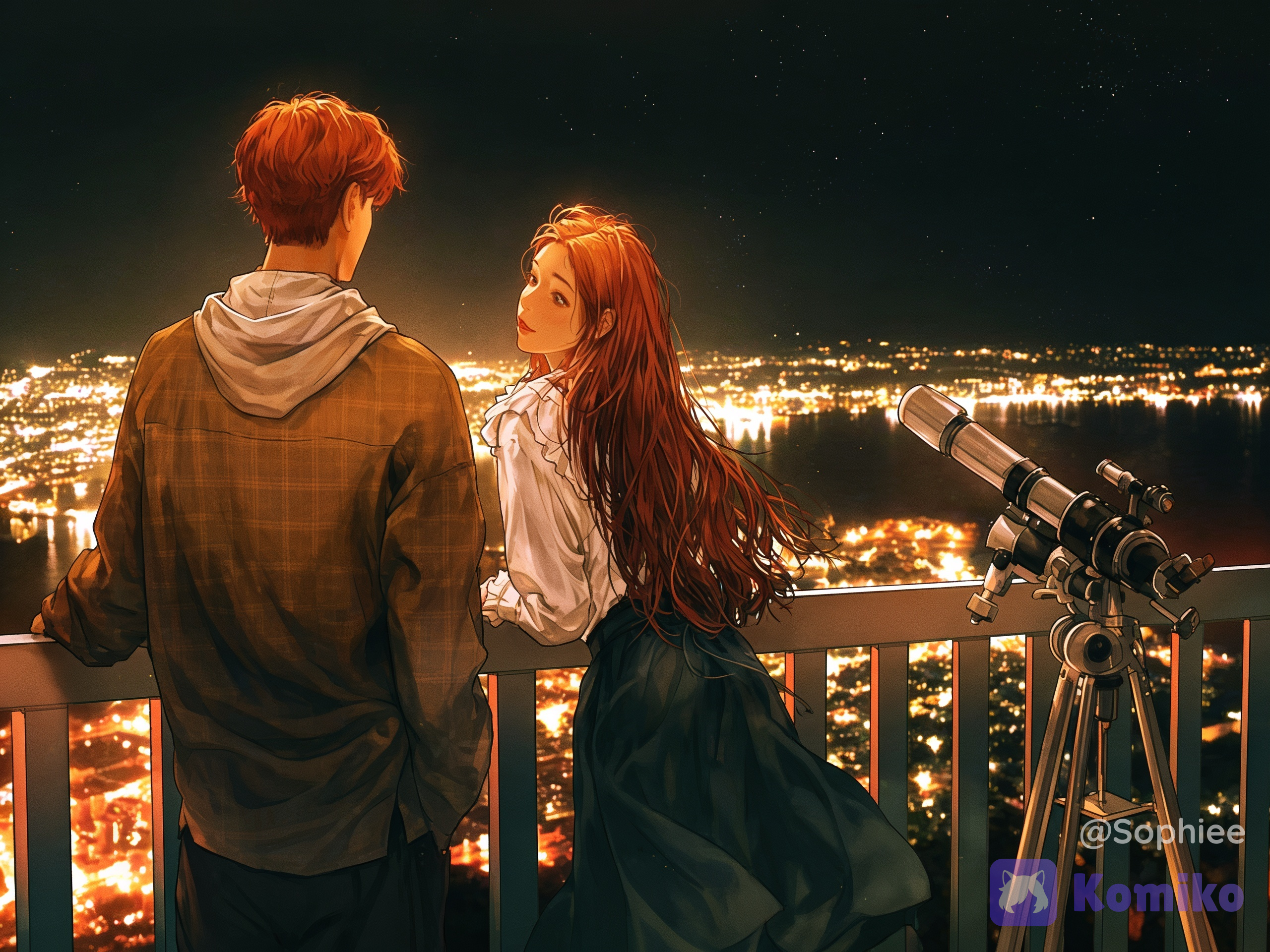 Characters: A young man with short reddish-brown hair in a casual plaid jacket and hoodie stands beside a young woman with long, wavy auburn hair in a white blouse and dark skirt. She looks back toward him with a warm expression.
​Setting: A high-altitude lookout or balcony overlooking a sprawling city illuminated by golden night lights, bordered by a body of water under a dark starry sky.
​Foreground: A telescope on a tripod sits near the railing, pointing toward the night sky., 107