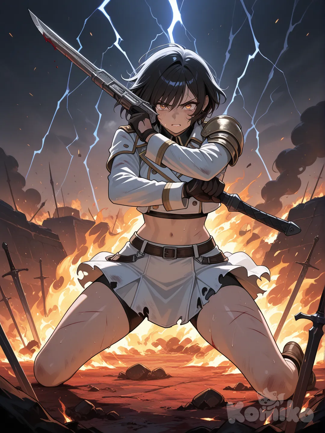 Lockhart, dans la tenue de lightning de final fantasy 13, se prépare à combattre un monstre de feu.
Elle est blessé et sa tenue en parti déchirer , @Asui_Tsuyu