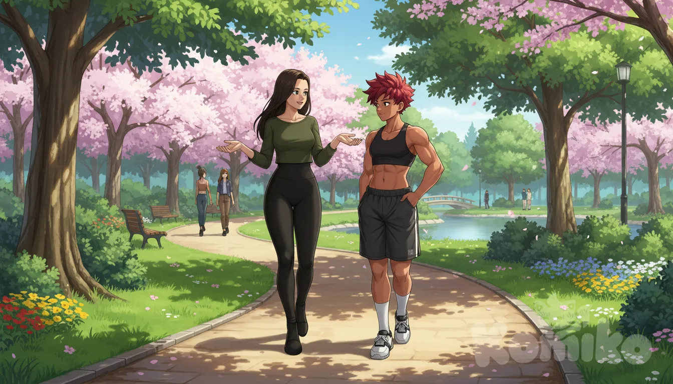 Paseando hablando por el parque , anime style