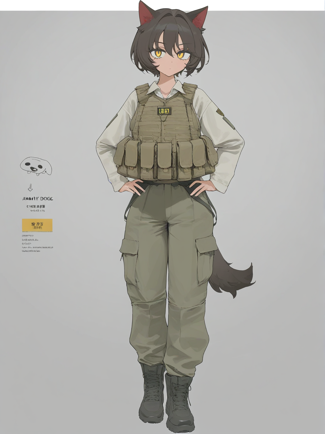 [vibrant-anime-style], 1girl, army girl dog hybrid, curvy, mature, brown hair, short hair, tan skin, vest, cargo pants