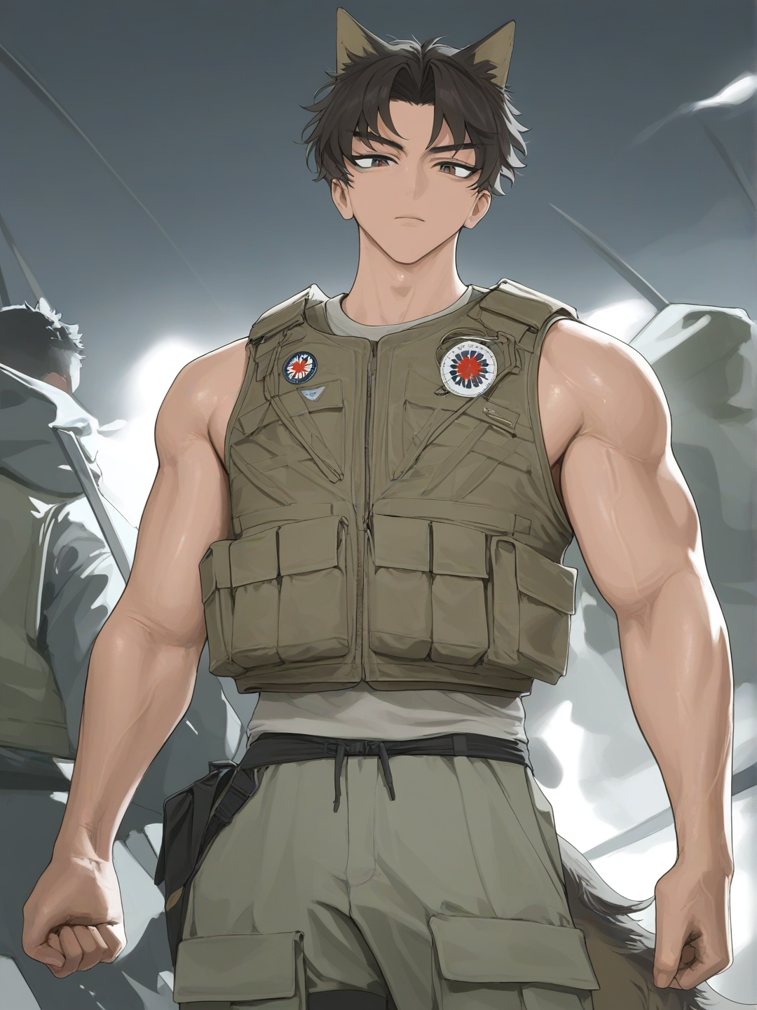 1boy, [vibrant-anime-style], army boy dog hybrid, curvy, mature, brown hair, short hair, tan skin, vest, cargo pants
