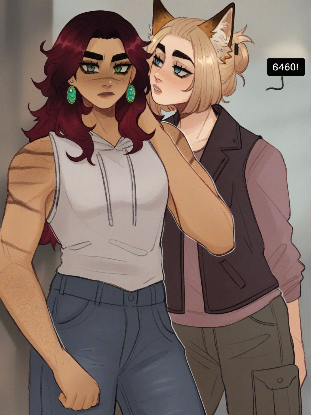 [soft-shaded-moe-style]teenager, long hair, blonde hair, blue eyes, freckles, vest, jeans, lace, mature, muscular, short hair, red hair, green eyes, scar, olive skin, cargo pants, fox ears, earrings