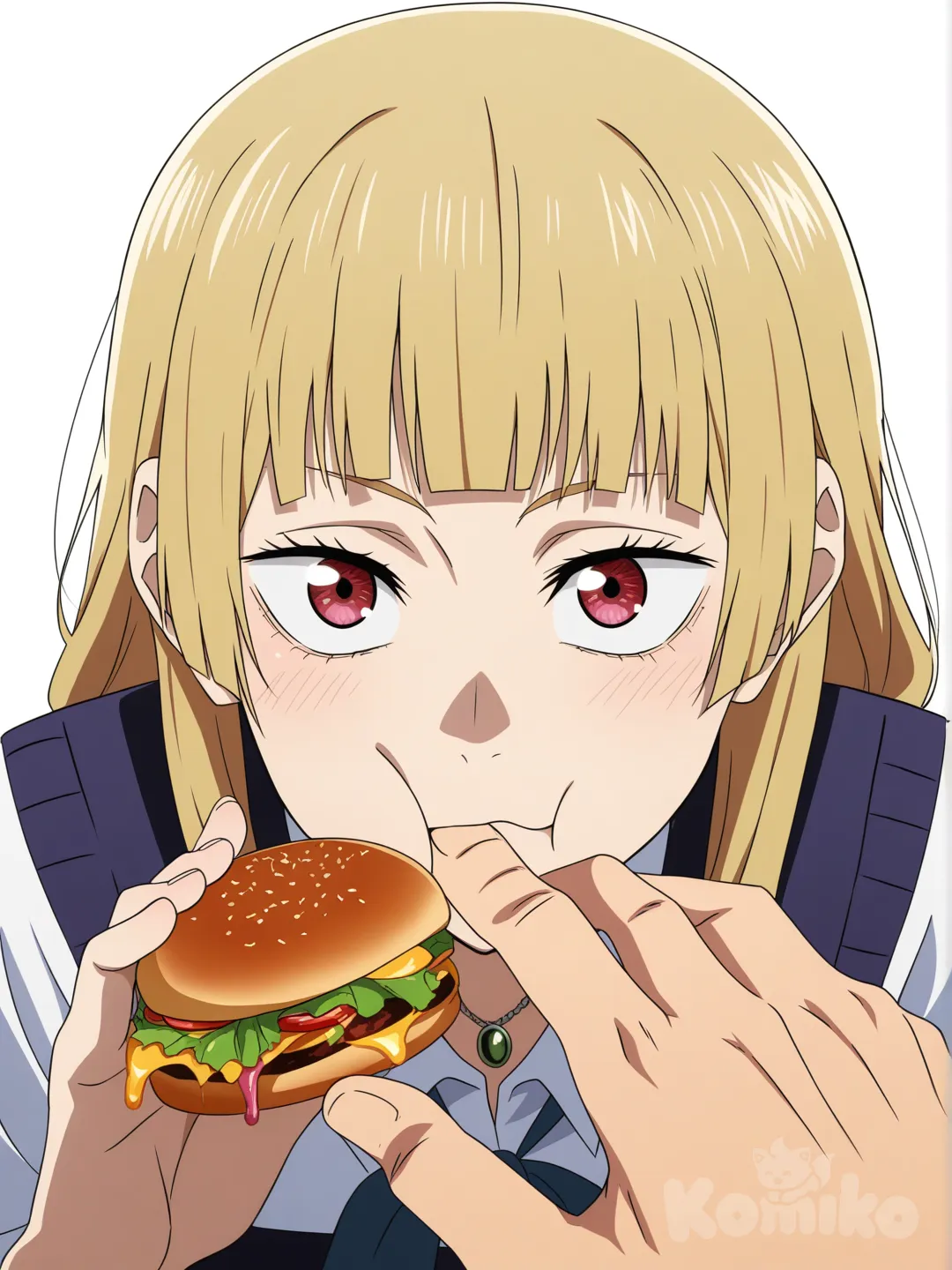 [pop-anime-style] 1boy, 1girl, yuji_itadori, curvy, petite, short, slim, cute, adorable_face, long_blonde_hair, straight_hair, bangs, red_eyes, pale_skin, school_uniform, necklace, boy next to girl eating lunch, full_body, looking_at_viewer, jujutsu_kaisen_style, simple_background, white_background