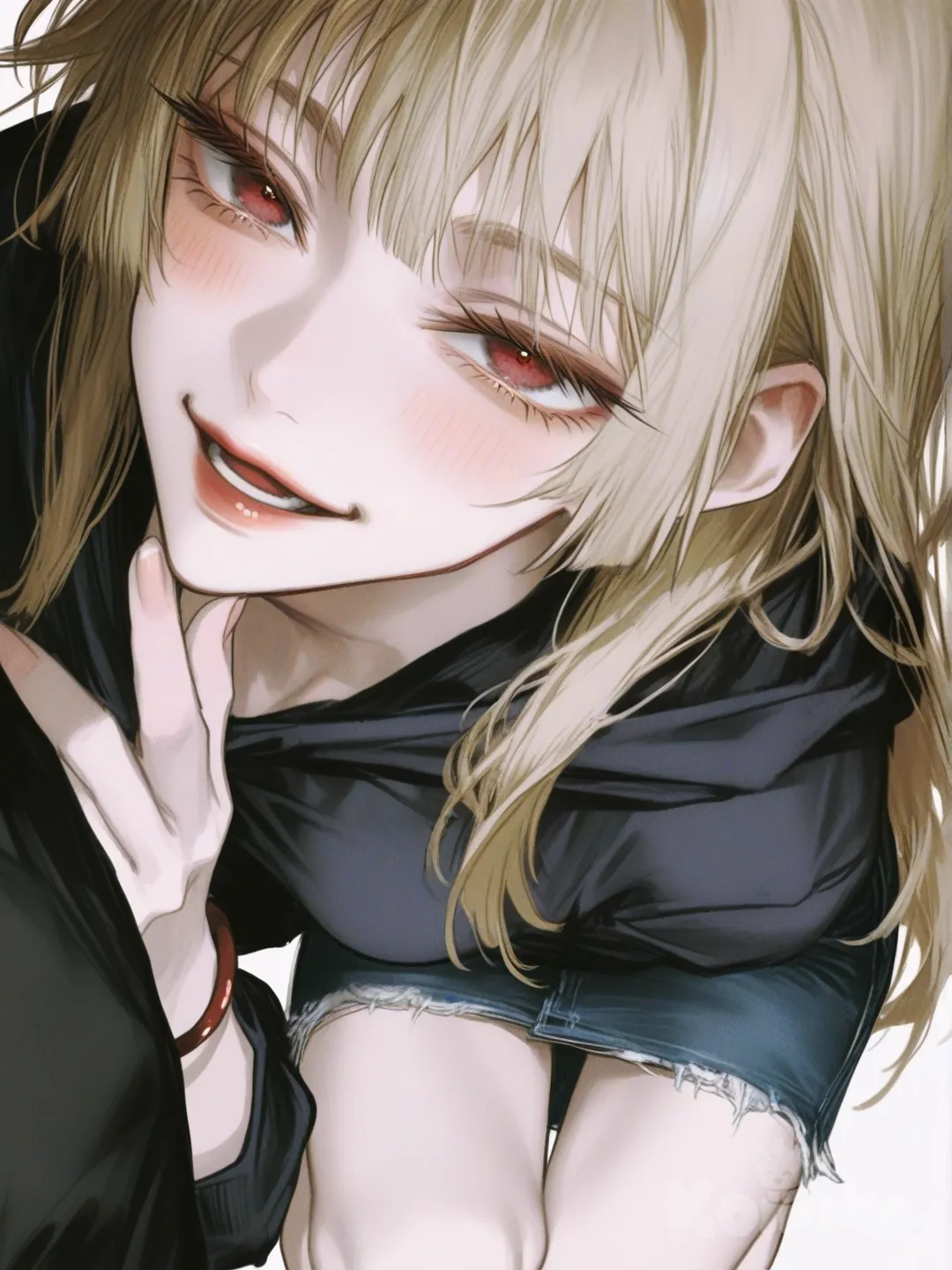 [semi-realistic-portrait-style] 1boy, 1girl, yuji_itadori, jujutsu_kaisen, short, petite, curvy, blonde_hair, long_hair, straight_hair, bangs, red_eyes, pale_skin, denim_skirt, hoodie, bracelet, jewelry, laughing, full body, looking at viewer, anime style, simple background, white background