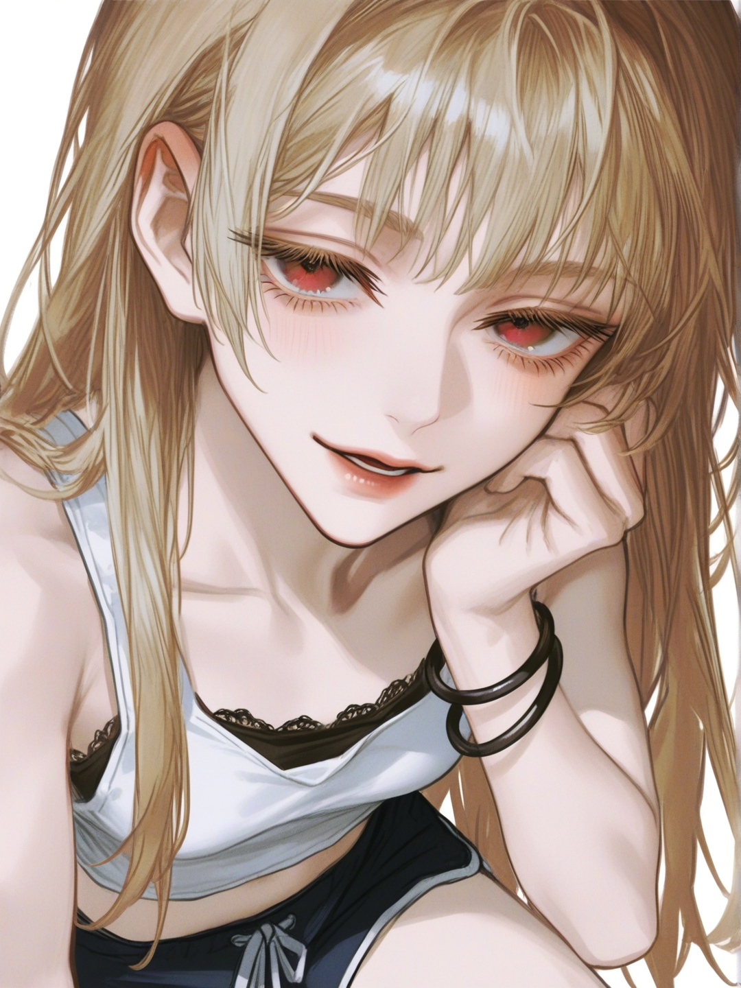 [semi-realistic-portrait-style] 1boy, 1girl, yuji_itadori, jujutsu_kaisen_style, coral_pink_hair, blonde_hair, long_hair, straight_hair, bangs, red_eyes, scar, pale_skin, short, petite, teenager, crop_top, tank_top, navy_blue, shorts, lace_trim, bracelet, teasing, looking_at_boy, full_body, simple_background, white_background, full body, looking at viewer