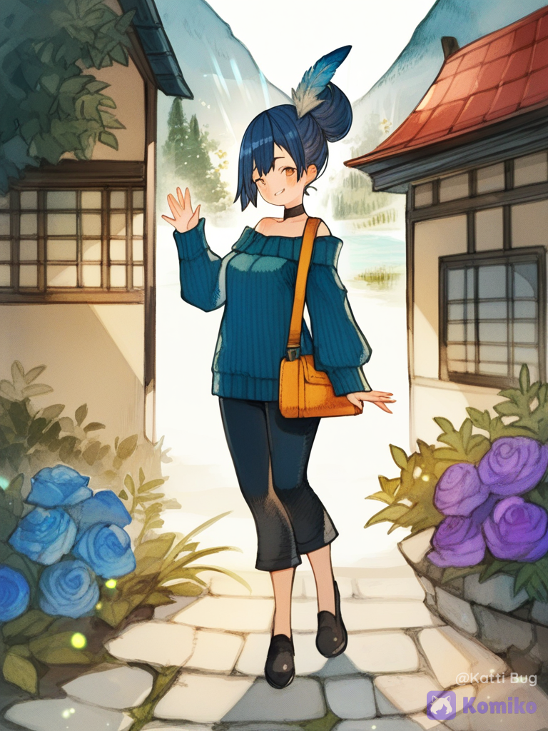 [soft-bloom-style], 1girl, waving, off-shoulder sweater, capri pants, sherpa, crossbody bag, choker, feather hat, blue hair, low bun, man bun, mary jane shoes, gradient, full body, looking at viewer, mountain village, garden, pokemon (anime), Pokemon trainer, Water and Dragon types