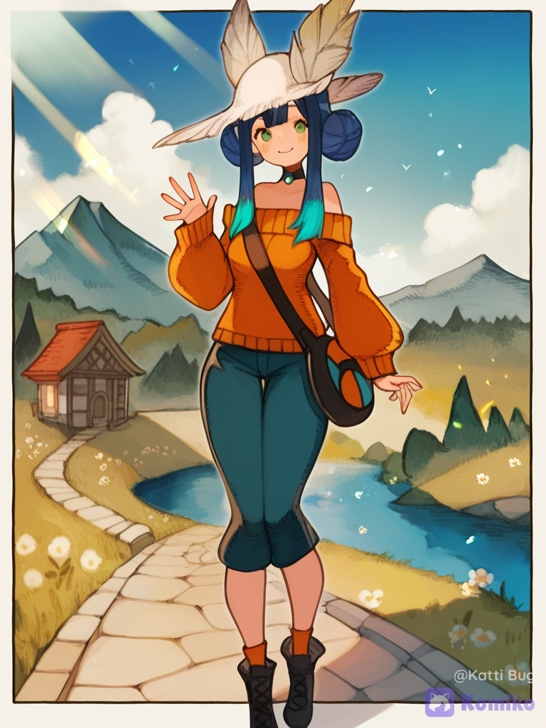 [soft-bloom-style], 1girl, waving, off-shoulder sweater, capri pants, sherpa, crossbody bag, choker, feather hat, blue hair, green eyes, low bun, long bangs, boots, gradient, full body, looking at viewer, mountain village, garden, pokemon (anime), Pokemon trainer, Water and Dragon types