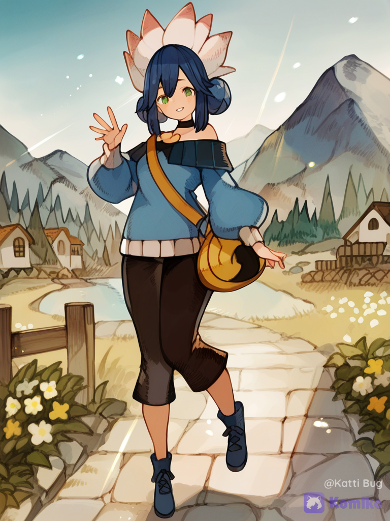[soft-bloom-style], 1girl, waving, off-shoulder sweater, capri pants, sherpa, crossbody bag, choker, feather hat, blue hair, green eyes, low bun, long bangs, boots, gradient, full body, looking at viewer, mountain village, garden, pokemon (anime), Pokemon trainer, Pokemon Hoenn region, Pokemon Sapphire, Water and Dragon types