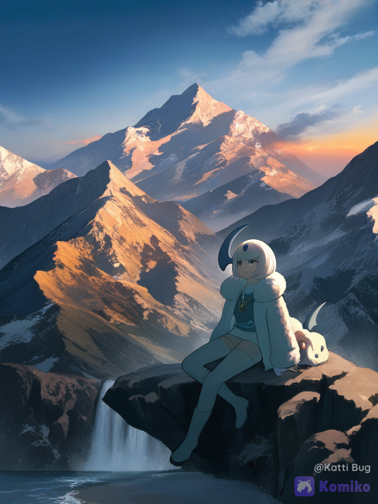 [moody-glow-style], 1girl, sitting on the ground, depressed, fur collar coat, t-shirt, wide-leg pants, wool fabric, sherpa, necklace, scythe-shaped horn, white hair, bob cut, tousled hair, knee-high boots, navy blue, ivory white, red almond shaped eyes, looking away, twilight, cliff, waterfall, mountain, absol, pokemon gijinka