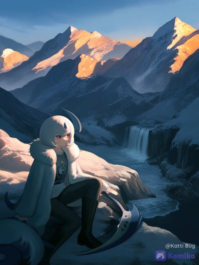 [moody-glow-style], 1girl, sitting on the ground, depressed, fur collar coat, t-shirt, wide-leg pants, wool fabric, sherpa, necklace, scythe-shaped horn, white hair, bob cut, tousled hair, knee-high boots, navy blue, ivory white, red almond shaped eyes, looking away, twilight, cliff, waterfall, mountain, absol, pokemon gijinka