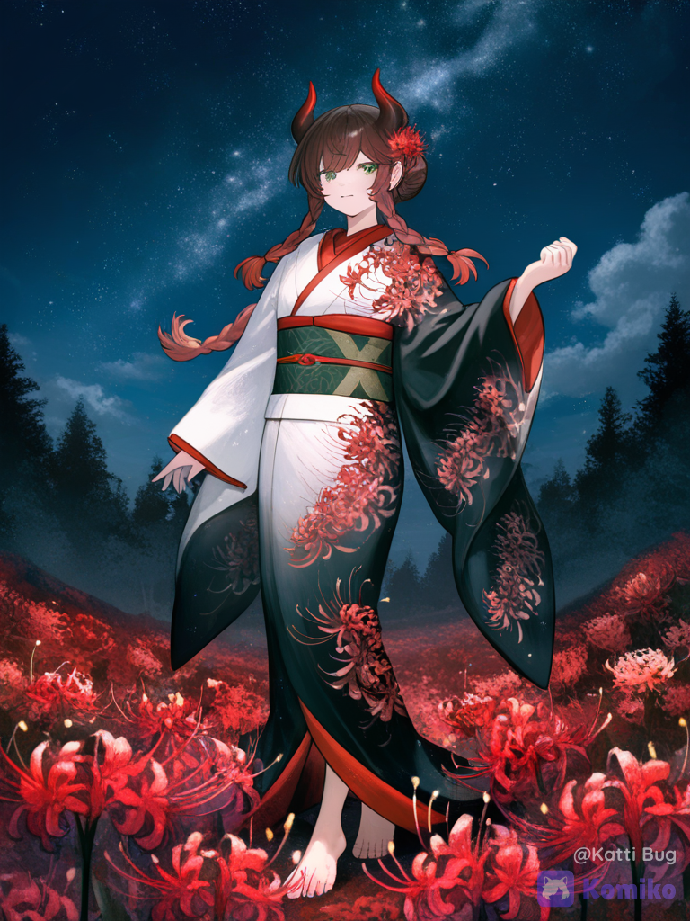 [moody-glow-style], @kyasarin-tsugimori-9hbQ, floral print kimono, two-tone kimono, spider lily hair, sharp canines ornament, barefoot, burgundy, ivory white, demon horns, forest, stormy sky, starry sky, flower field