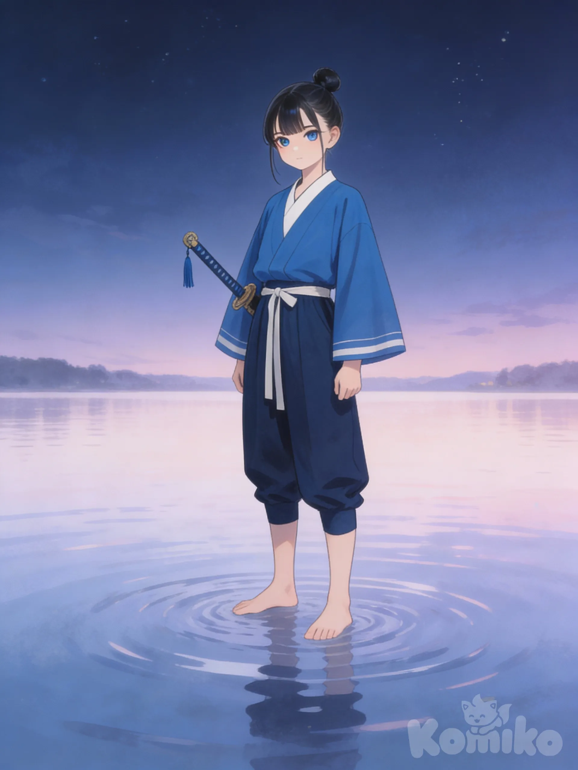 @sky-eYhP, full body, looking at viewer, night, twilight, [soft-pastel-style], standing in the center of a lake on top of the water