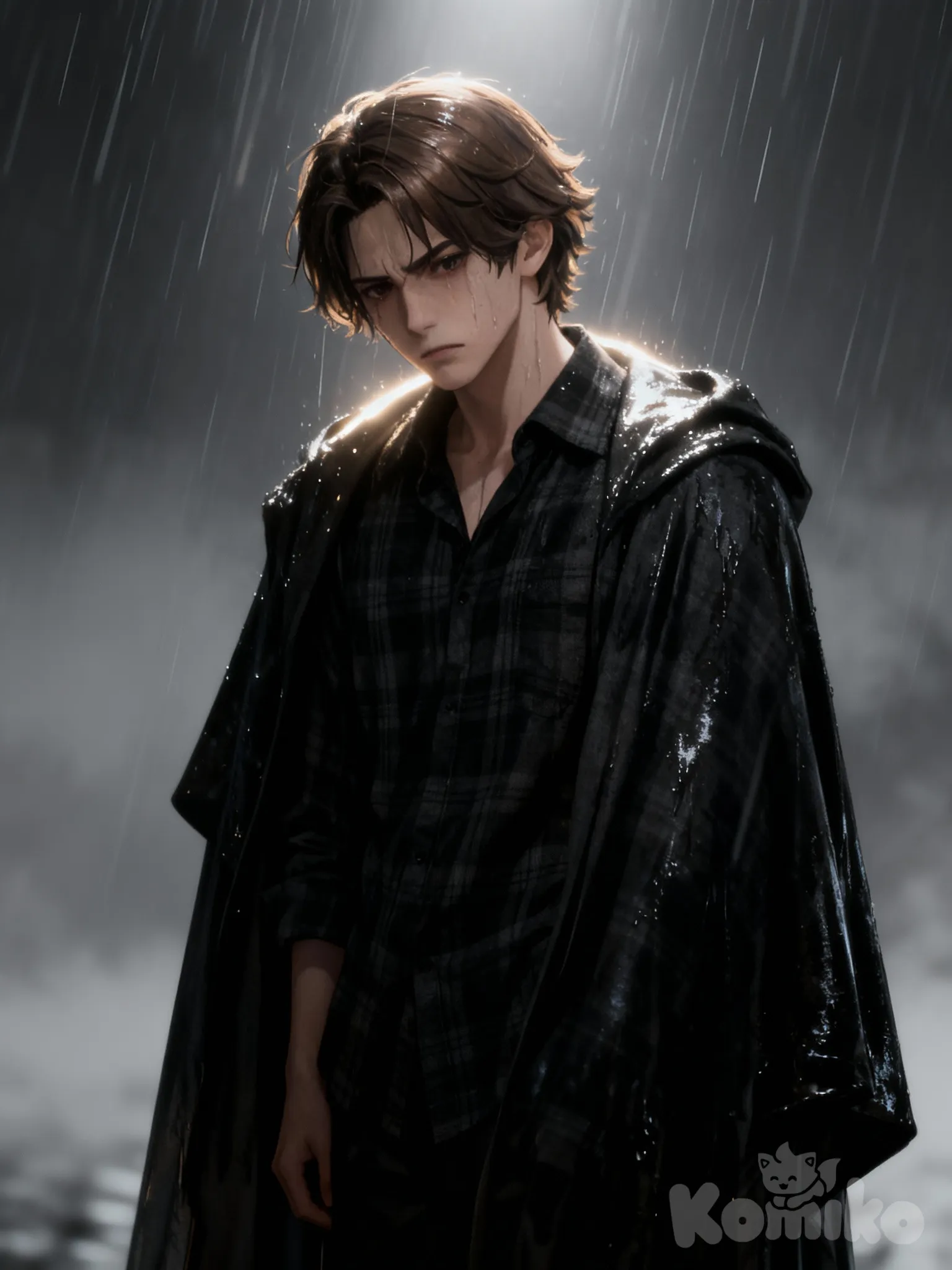 A dramatic anime-style silhouette of a young warrior standing in the rain, head slightly ed in sorrow. Soft light from above creates a glowing rim-light around his hair and shoulders. Raindrops fall diagonally across the scene, adding movement and emotional weight. The background is blurred, misty, and monochrome with a cold, cinematic atmosphere. High-detail shading on the character’s wet cloak and hair, reflective highlights, melancholic mood, ultra-realistic anime rendering, high contrast, deep shadows, volumetric lighting.”, @elias-blackwood-vNeZ, head tilt, plaid shirt, charcoal black, angry, depressed, looking back, full body, looking at viewer