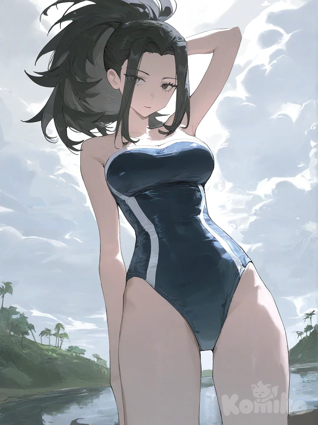 @Yaoyorozu_Momo, [desaturated-illustration-style], from below, lake, strapless one-piece swimsuit, high ponytail
