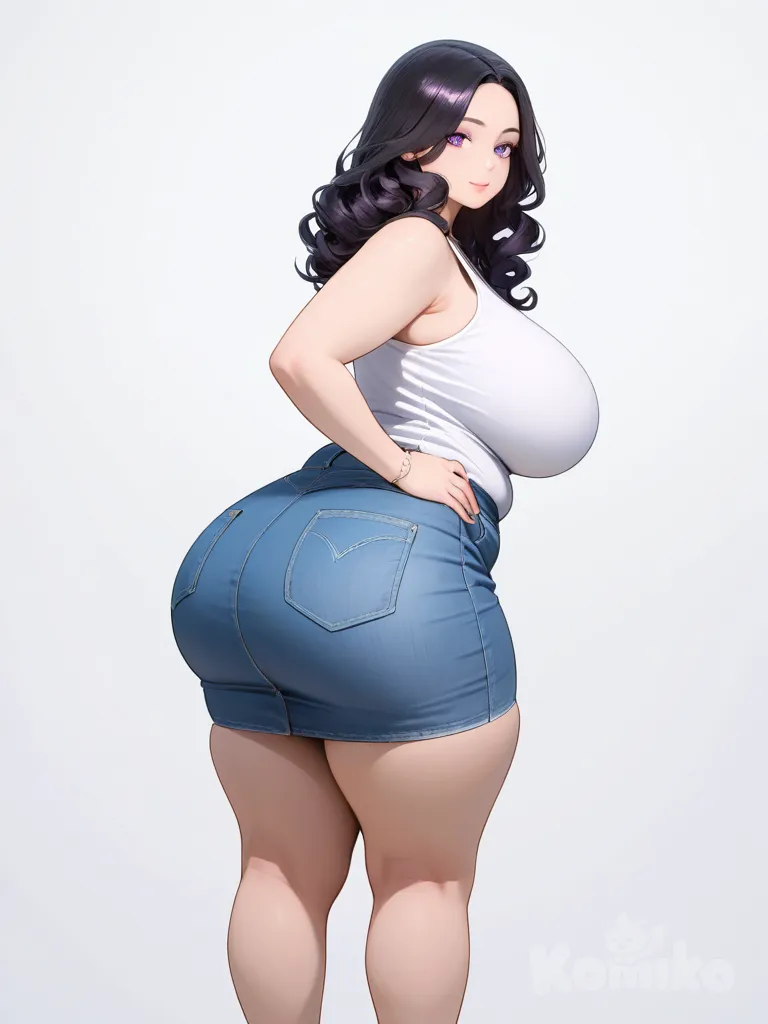 1girl, realistic, mature female, tall, curvy, chubby, long hair, curly hair, black hair, purple eyes, slim face, large saggy breasts, large butt, extremely wide hips, chubby thighs, white tank top, jean skirt, solo, full body, looking at viewer, simple background, white background