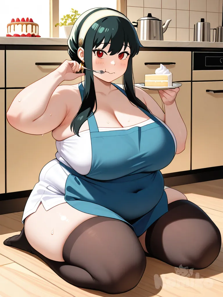 @Yor_Briar , obese, in the kitchen, sitting on person, eating cake, nervous sweating, large breasts, sagging belly, fat belly, covered in cake frosting