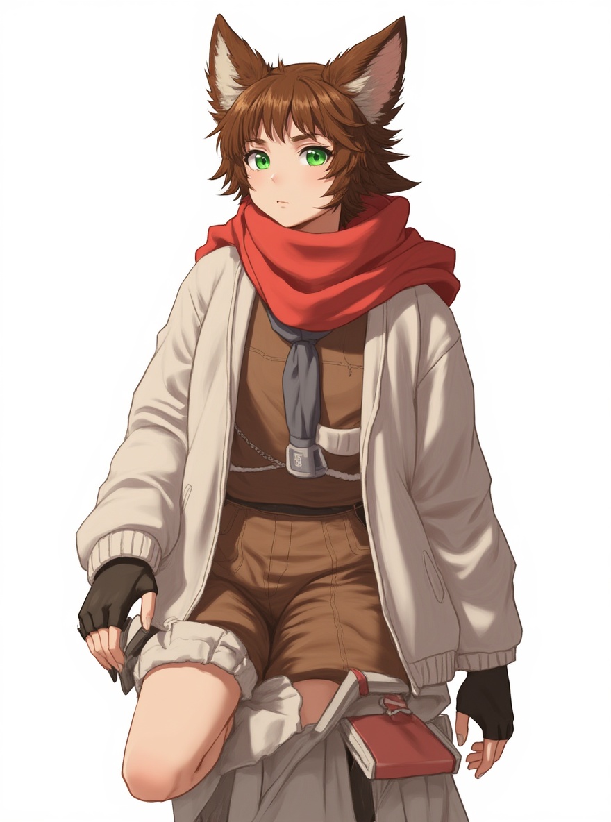 1boy, solo, anthro, brown_fur, wolf_ears, wolf_tail, scarf, muscular, large_pectoral_area, shorts, green_eyes, single character, full body, looking at viewer, anime style, simple background, white background