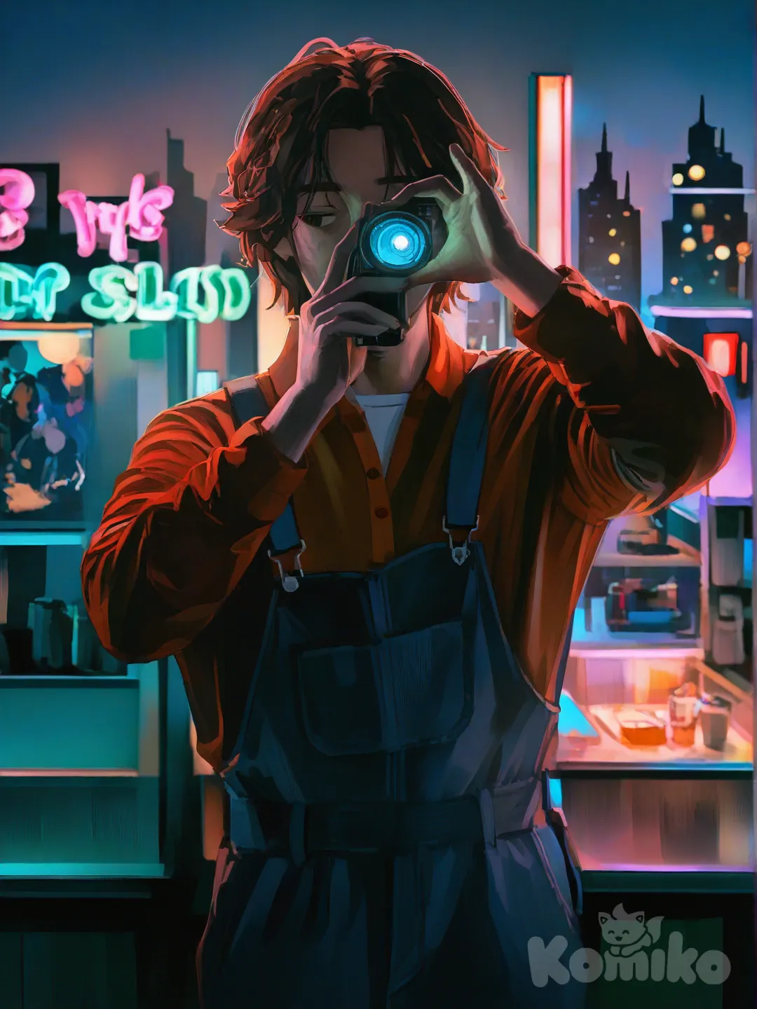 1boy, selfie, bohemian shirt, looking away, panoramic lens, neon lights, backlight, twilight, night, cityscape, cafe, headshot, lie on stomache, casual pants, overalls, spacesuit, evening dress, neon green, fuchsia, [radiant-coating-style]
