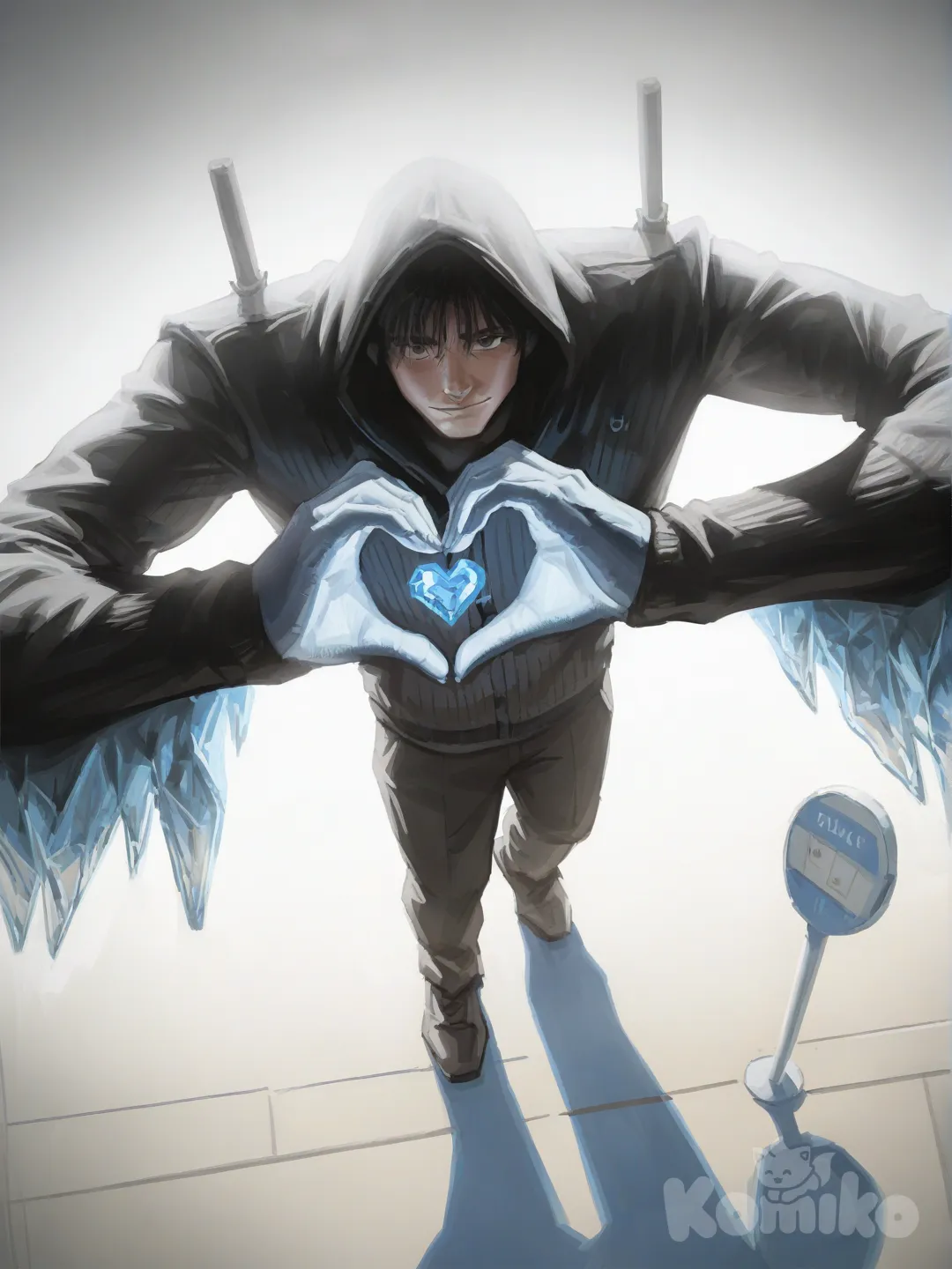 [radiant-coating-style], @sora-av9J, heart hands, holding sword, knitted cardigan, bohemian shirt, medium long shot, bird's-eye view, stage light, cinematic lighting, convenience store, desert, smirk, bus stop