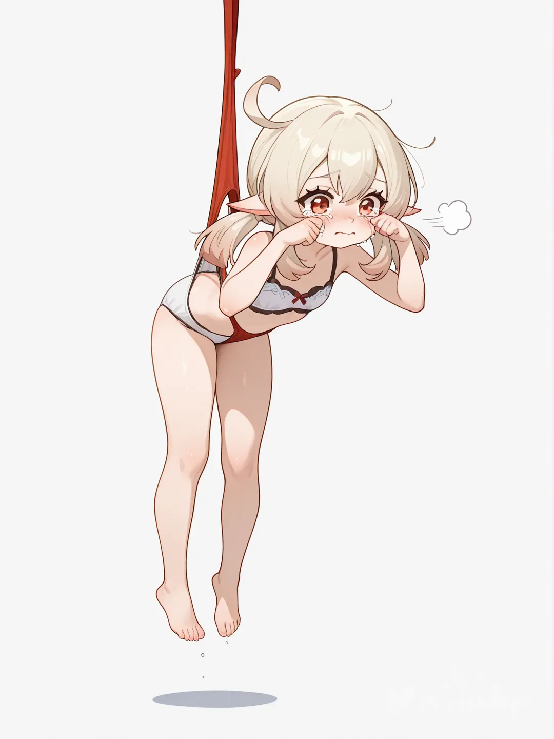 @Klee_(Genshin_Impact), wiping tears, full body wearing just underwear hanging by then underwear stretching in a wedgie form