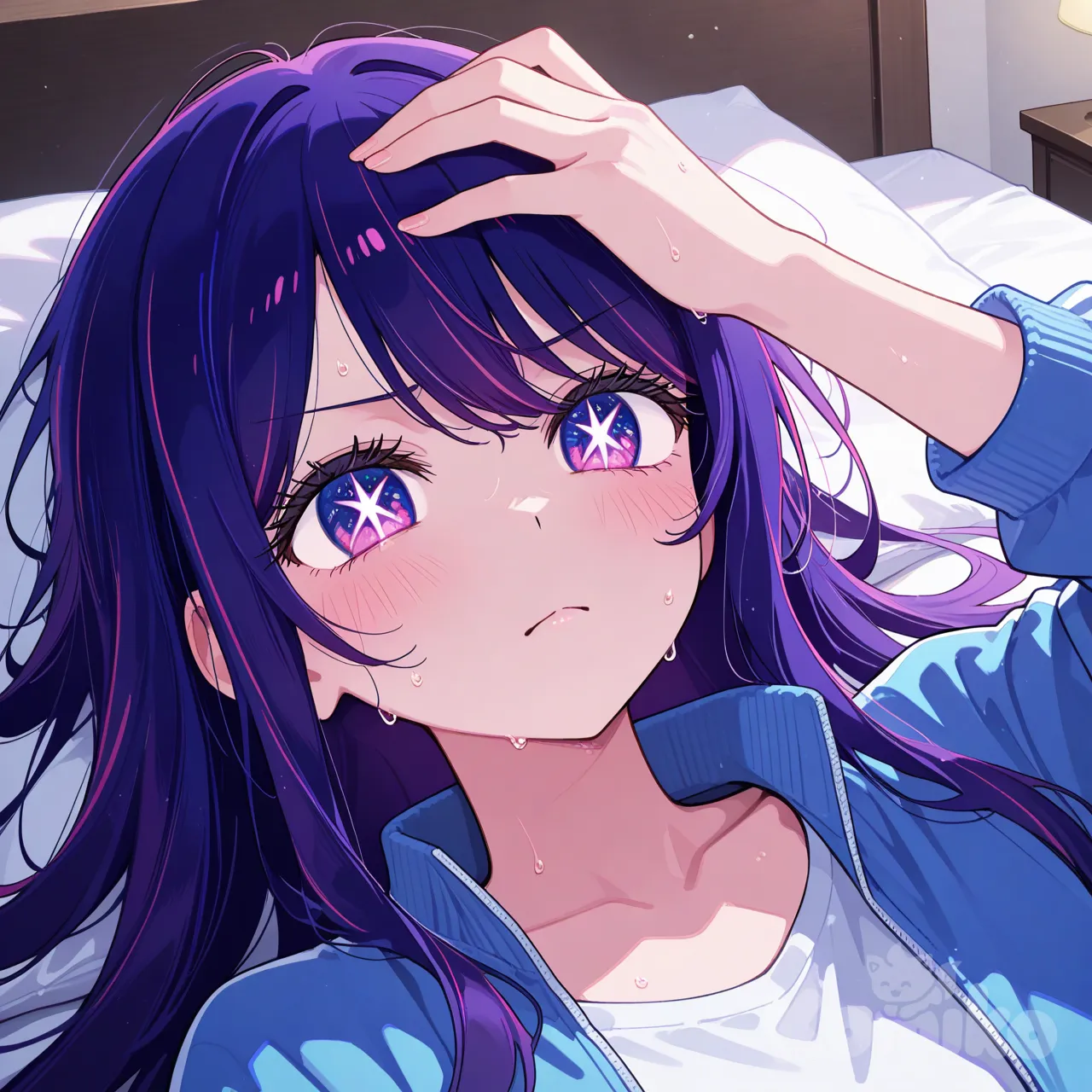 Hoshino Ai (Oshi No Ko) , headache , frown , sweat on cheek , hand on own face, close-up, bedroom, lie on back , on bed, blue jacket
