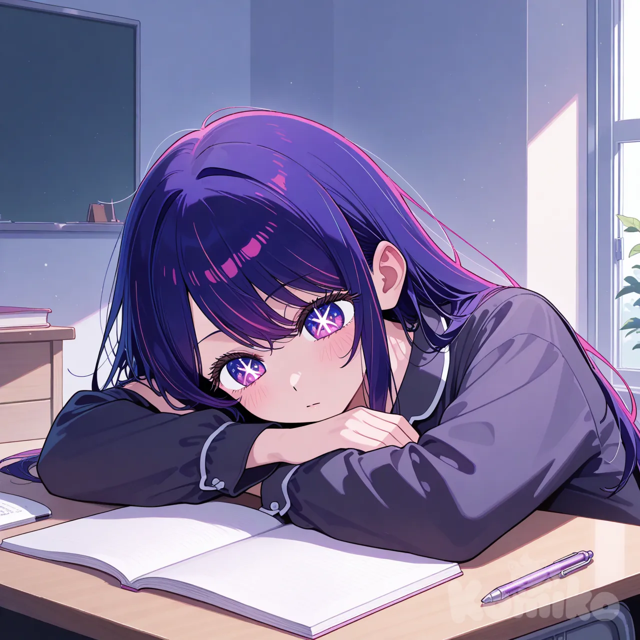 Hoshino_Ai_(Oshi_No_Ko) , studying , expressionless, writing , black pajamas , on table , closeup