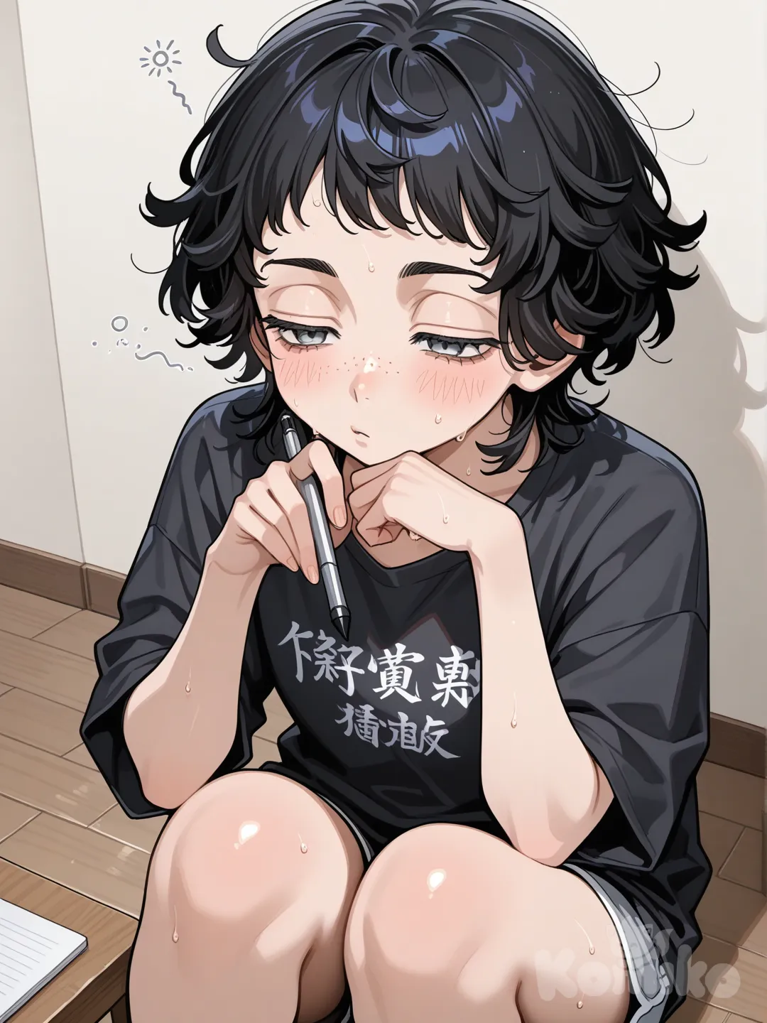 Tokyo Revengers, Tokyo Revengers, she has half lidded grey relaxed sleepy eyes, black super curly hair quite short length and black short curly bangs and freckled light tan skin which sweats a bit as she’s quite feverish usually, she’s sat bored on the floor fidgeting with a pen