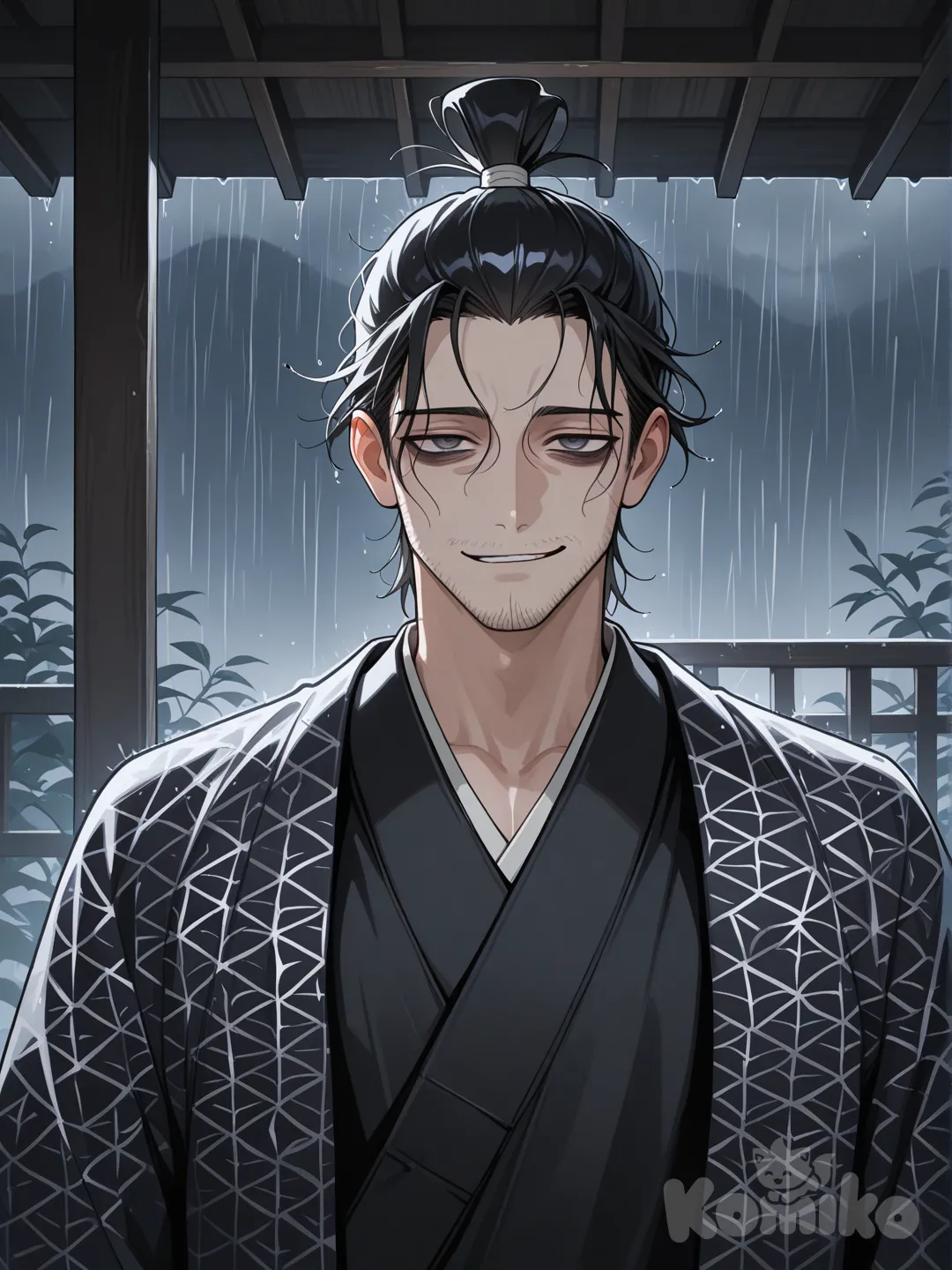 healthy skin, ornate black kimono with waves, long black hair in a topknot, male, tired eyes, bags under eyes, cocky smile, slender, stormy gray eyes, handsome, stubble, looking at viewer, facing viewer, mature man, shadowed eyes, raining