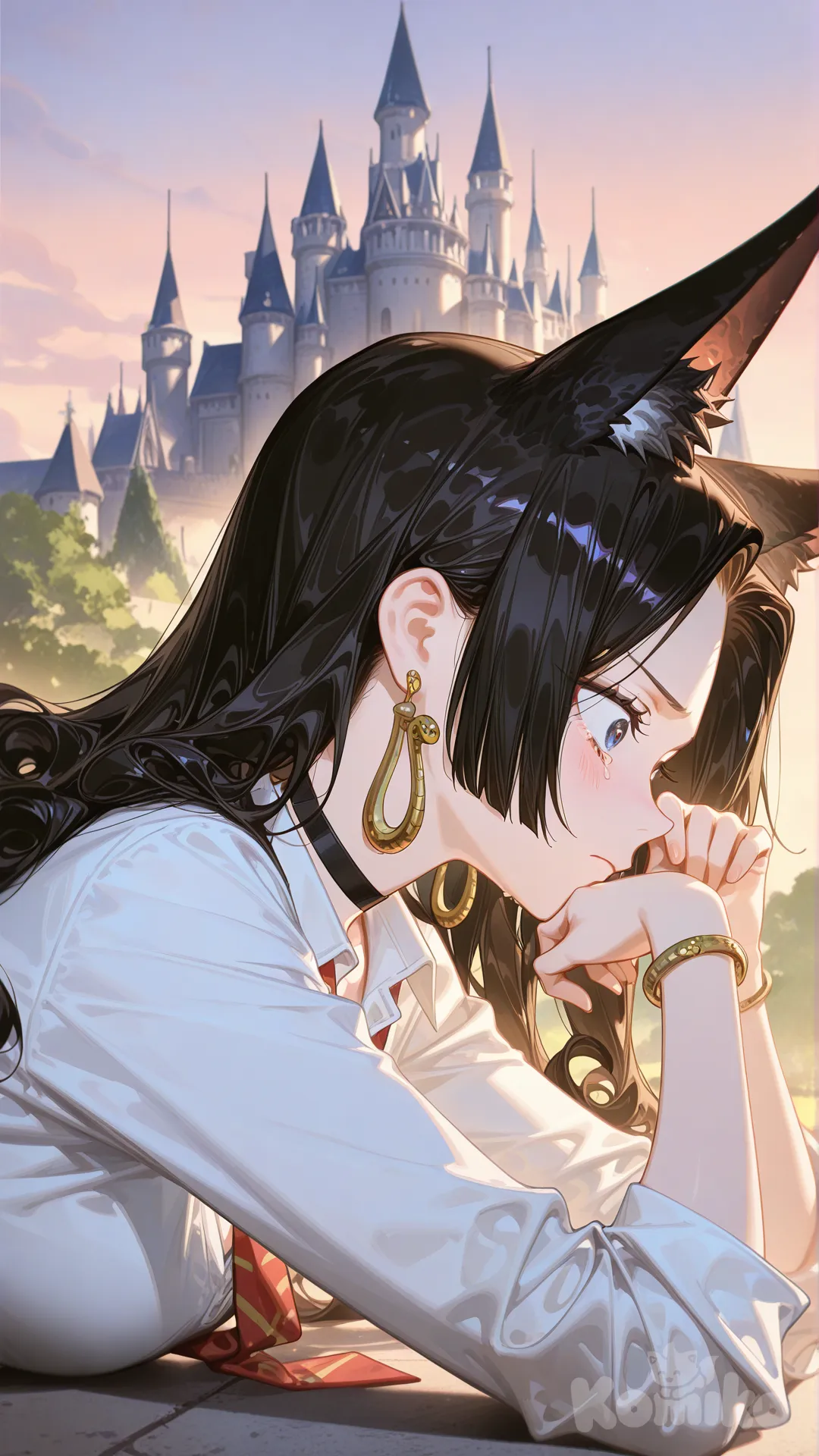 @Boa_Hancock, [high-gloss-illustration-style], lie on stomache, wiping tears, frown, crying, blush, shocked, school uniform, hair accessory, earrings, choker, bracelet, fox ears, fluffy curls, charcoal black, looking away, side profile photo, castle, twilight