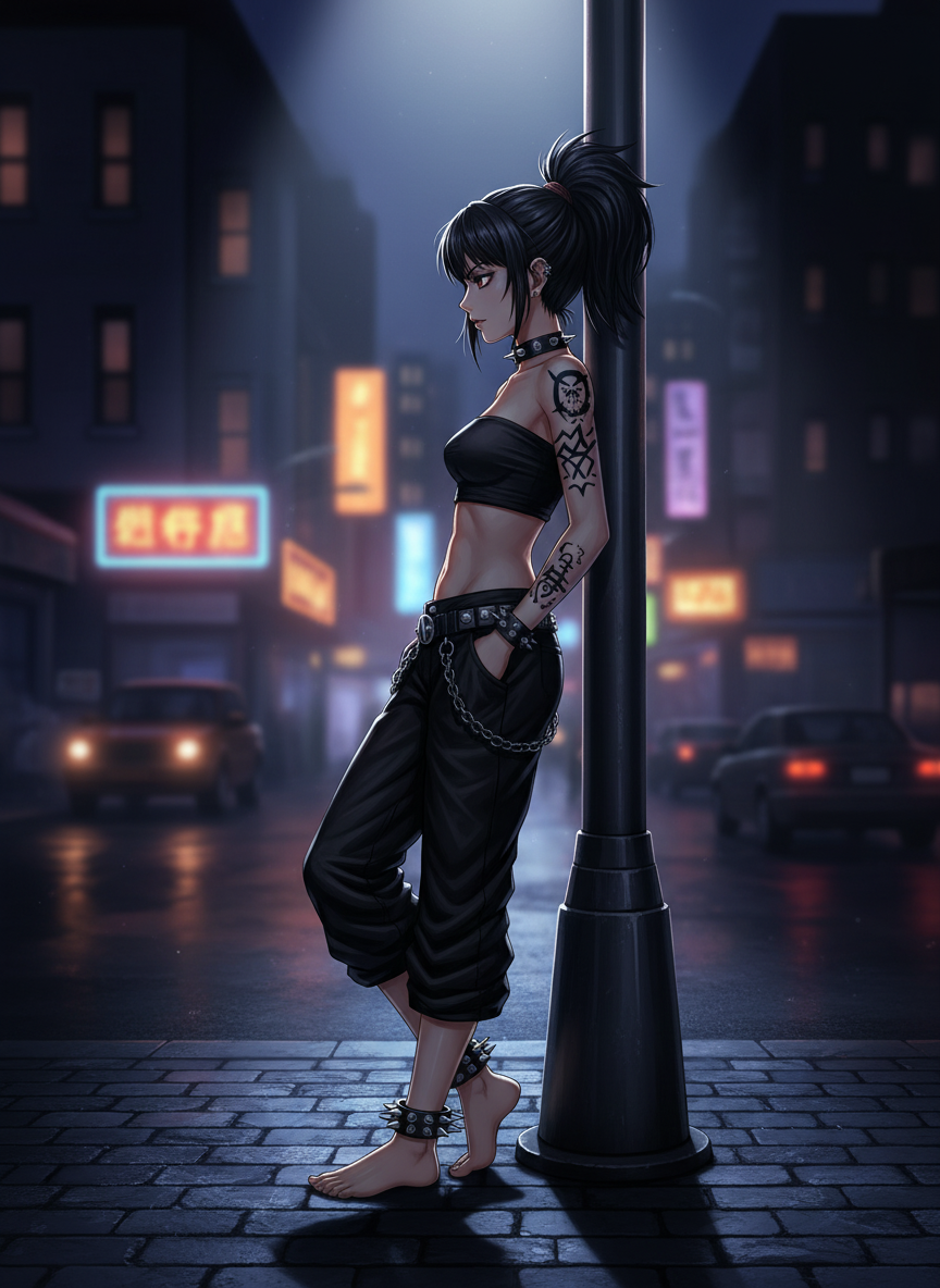 <kyra-ramirez-wkWy>, emotionless, leaning against a light pole on the sidewalk, hands in pockets, full body, side profile photo, nighttime, she is lit by a light above her off camera, city background