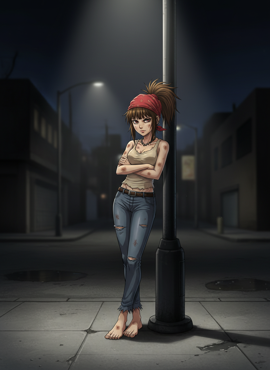 <aya-nakamura-gZQx>, full body, arms crossed, standing on sidewalk, leaning on a light pole, barefoot, nighttime Street setting, she is lit by an off-screen light above her.