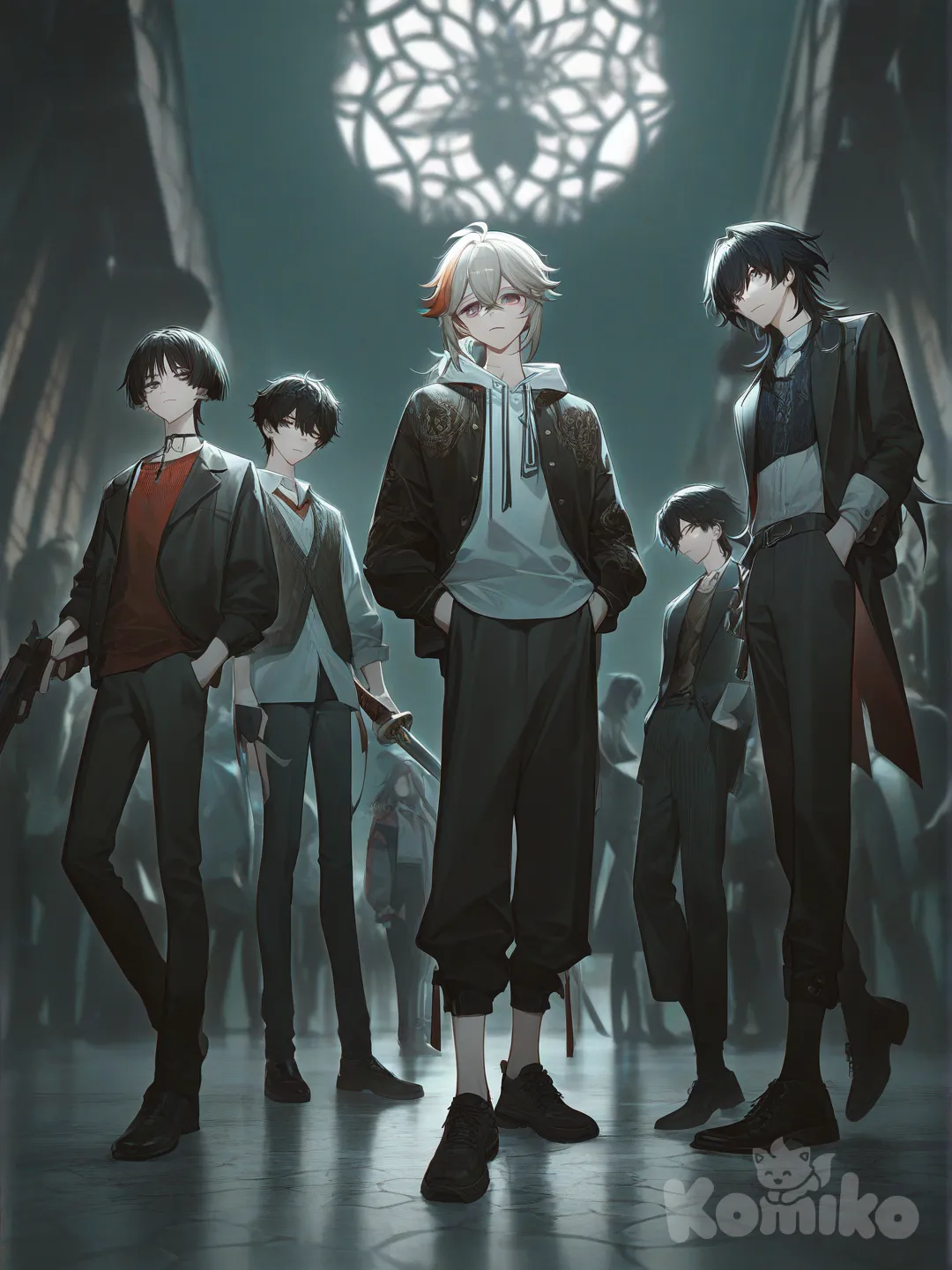 1boy, Kaedehara Kazuha, Scaramouche (Genshin Impact), Wanderer (Genshin Impact), Lyney (Genshin Impact), Gojou Satoru, Tomioka Giyuu, Blade (Honkai:Star Rail), Dan Heng (Honkai:Star Rail), [high-contrast-glossy-style], holding sword, hands in pockets, head tilt, holding gun, bohemian shirt, henley shirt, hoodie, varsity jacket, knitted vest, casual pants, klein blue, fuchsia, burgundy, full body, closeup, upper body, headshot, looking at viewer, wide shot, from below, depth of field, from above