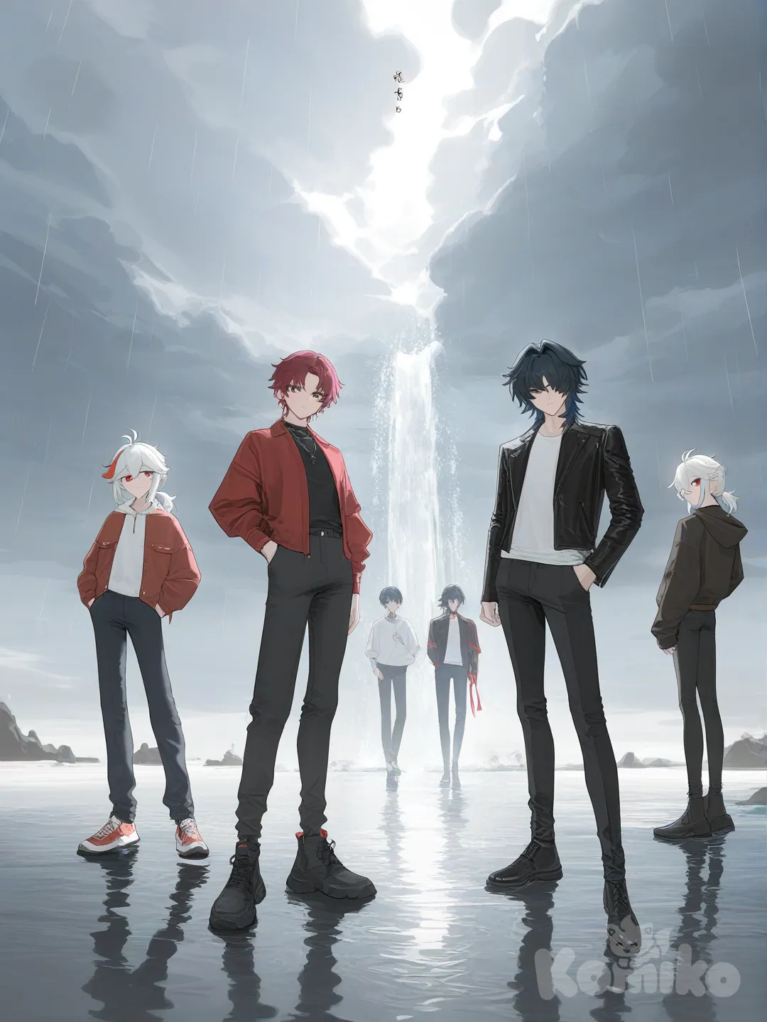 2boys, Kaedehara Kazuha, Tomioka Giyuu, Blade (Honkai:Star Rail), Chrollo Lucilfer, [vibrant-anime-style], smirk, hoodie, leather jacket, henley shirt, casual pants, wide-leg pants, ivory white, fuchsia, burgundy, upper body, wide shot, medium long shot, depth of field, full body, closeup, backlight, top light, day, rainy, snowy, waterfall, starry sky, cloud, blue sky, head tilt