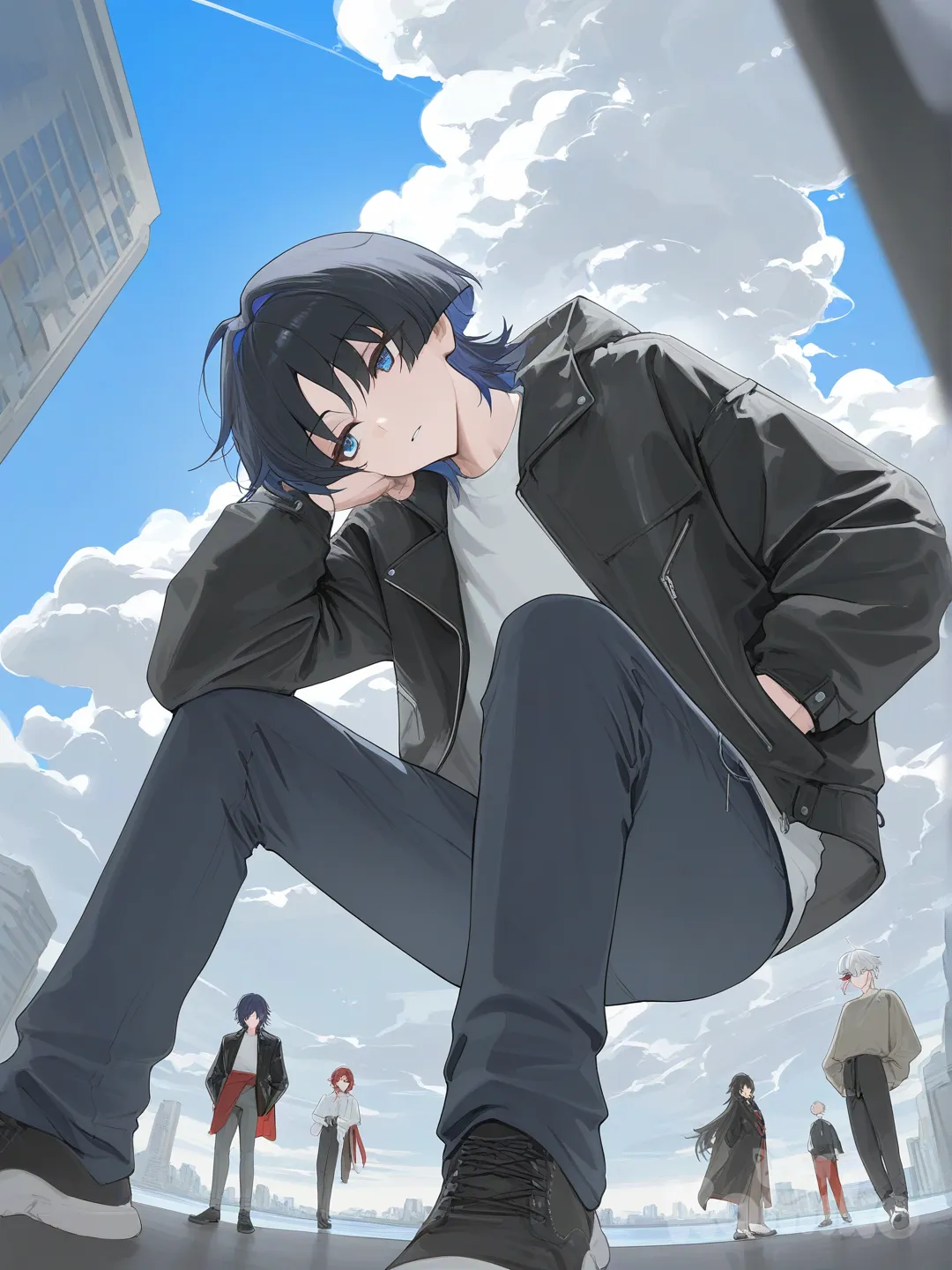 Kaedehara Kazuha, Scaramouche (Genshin Impact), Gojou Satoru, Tomioka Giyuu, Blade (Honkai:Star Rail), [vibrant-anime-style], head tilt, sitting on the ground, hands in pockets, henley shirt, hoodie, bohemian shirt, leather jacket, casual pants, fuchsia, burgundy, ivory white, khaki, headshot, full body, looking away, medium long shot, from below, depth of from above, side light, backlight, top light, cloud, blue sky, cityscape, lake