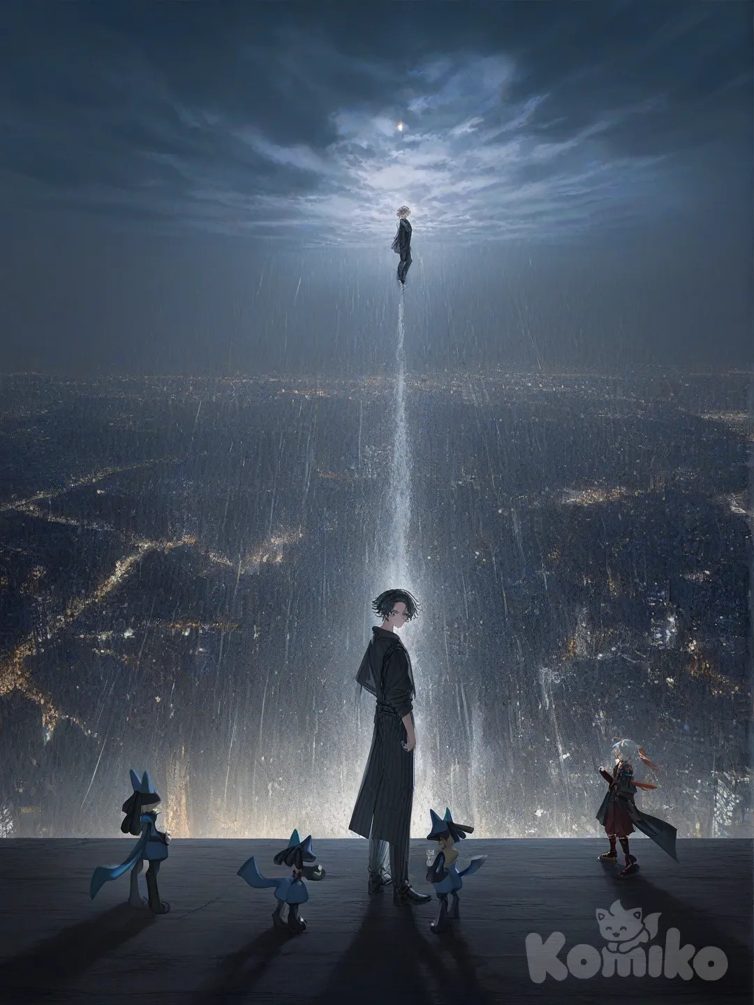 1boy, Kaedehara Kazuha, Alhaitham (Genshin Impact), Scaramouche (Genshin Impact), Gojou Satoru, Tomioka Giyuu, Lucario, Rika (Pokemon), [soft-light-illustration-style], looking back, bohemian shirt, suit pants, slicked-back hair, charcoal black, fuchsia, full body, wide shot, side profile photo, side light, rim light, day, city lights, cloud, blue sky, waterfall, snowy, rainy