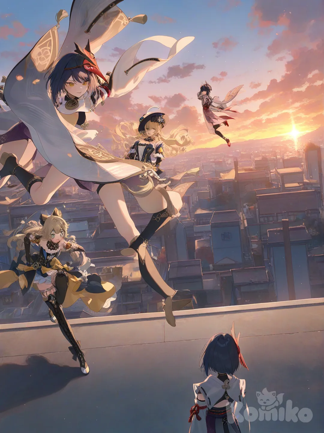 @Kujou_Sara, @Navia_(Genshin_Impact), @Kirara_(Genshin_Impact), [soft-pastel-style], jumping from rooftop, running, smirk, shocked, frown, cloud, cityscape, dawn, night, day, sunset, 2girls