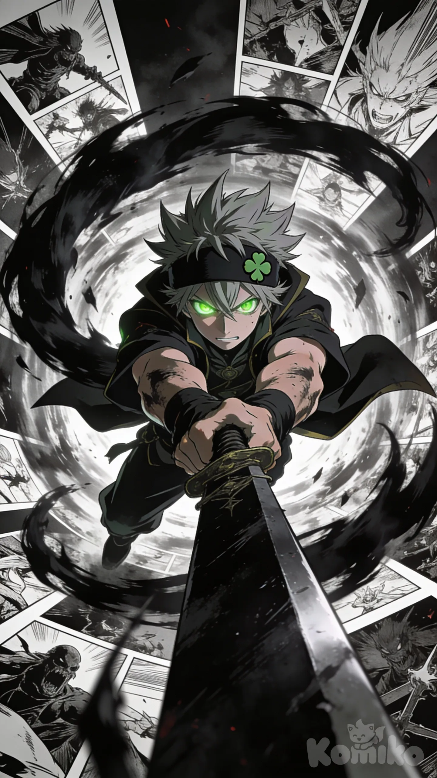 Ultra-anime-style illustration of a young anti-magic warrior charging forward with a massive black sword held tightly in both hands. Spiky ash-gray hair, glowing green eyes filled with rage and determination, muscular battle-worn arms, dark mage outfit with a clover emblem headband.
Dynamic action pose with extreme foreshortening, sharp cinematic angle. Background filled with layered black-and-white manga panels from intense battles, creating a chaotic vortex effect behind the character. Heavy inked manga linework, gritty texture, dark fantasy atmosphere, black aura swirling around the sword.

High contrast lighting, dramatic shadows, sharp highlights, anime manga fusion style. Ultra HD, resolution, crisp details, vertical composition, premium poster quality.