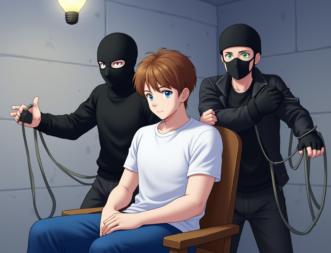 Character 0 is Hombre Musculoso, description: A muscular man in his 30s with short brown hair, strong jawline, and broad shoulders. Wearing a tight white t-shirt and blue jeans..
Character 1 is Secuestrador 1, description: A slim man in his 40s with a black ski mask, dark eyes visible. Wearing all black clothing including a long-sleeved shirt and pants..
Character 2 is Secuestrador 2, description: A stocky woman in her 30s with a black ski mask, green eyes visible. Wearing all black clothing including a leather jacket and gloves..
Hombre Musculoso sitting on a wooden chair in a dimly lit room. Secuestrador 1 and Secuestrador 2 approaching from behind with ropes. The room has bare concrete walls and a single light bulb hanging from the ceiling, anime style with soft pastel color and soft lighting
