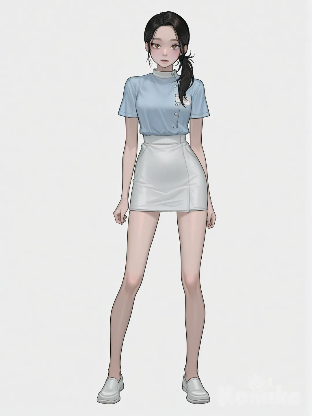 1girl, slim, korean, teen,
no bangs, black hair, calm hair, low side ponytail, oval face, narrow jawline, monolid eyes, droppy eyes, brown eyes, light makeup, clean skin,
Nurse uniform, no hat, no hairband, skyblue shirt, tight shirt, short sleeves, 
White skirt, tight skirt, wrinkle-free skirt, slim straight legs, no socks, flat white heels,
looking at viewer, full body, simple background, white background, front view, [digital-painterly-style]