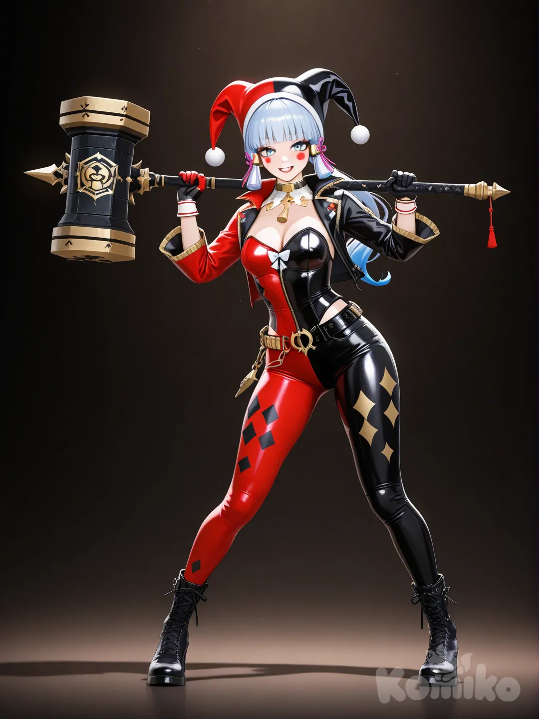 @Kamisato_Ayaka from Genshin Impact, wearing the iconic Harley Quinn outfit, holding a large stylized hammer, high-quality 3D style, realistic 3D character modeling, AAA game character look, highly materials, leather and fabric textures, cinematic lighting, Unreal Engine render, dynamic and confident pose, playful and mischievous expression, clean or slightly stylized background, ultra high resolution, sharp focus, premium quality.