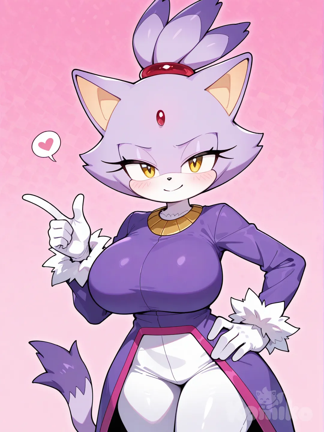 @Blaze_The_Cat, with giant breasts, facing forward, with a flirty, almost tender face, with her right hand on her hip